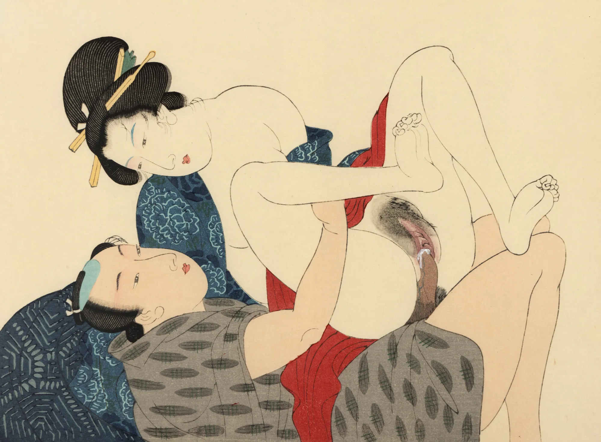 Shunga (scenă erotică), reprezentând un cuplu cuprins de plăcere (în timpul actului sexual)