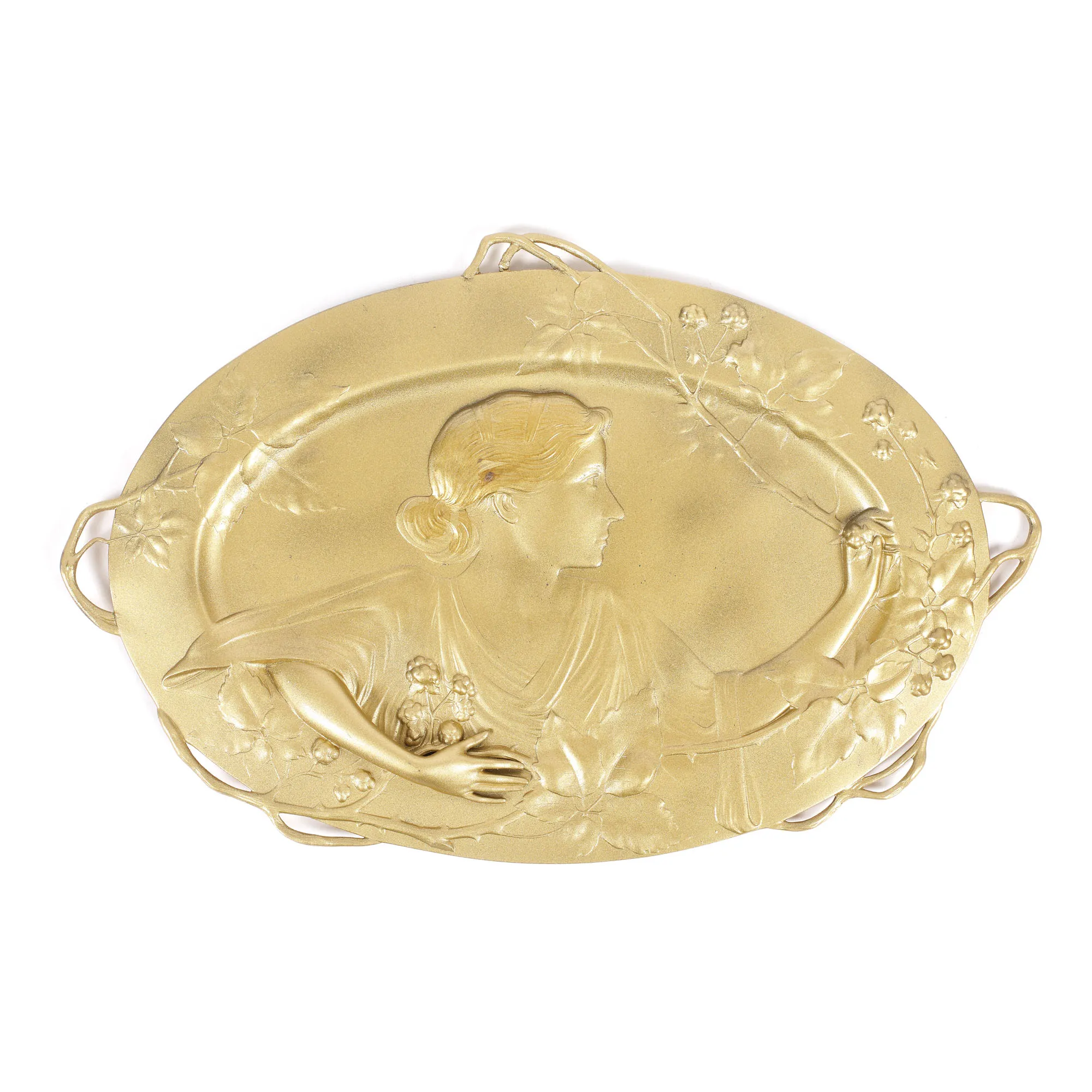 Decorative WMF platter, Art Nouveau, decorated with a female figure and floral motifs, circa 1900