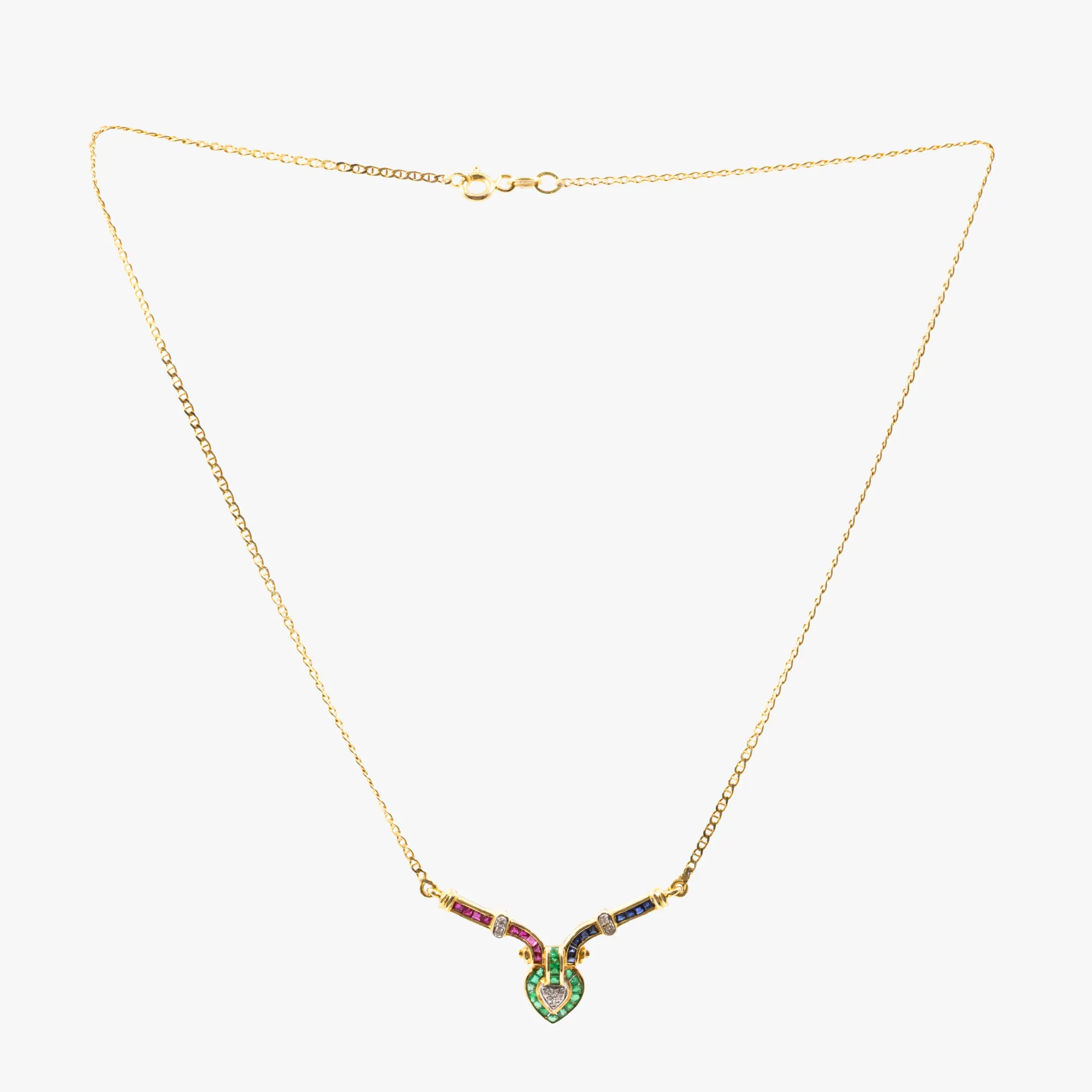 Gold necklace, decorated with emeralds, sapphires, rubies and diamonds