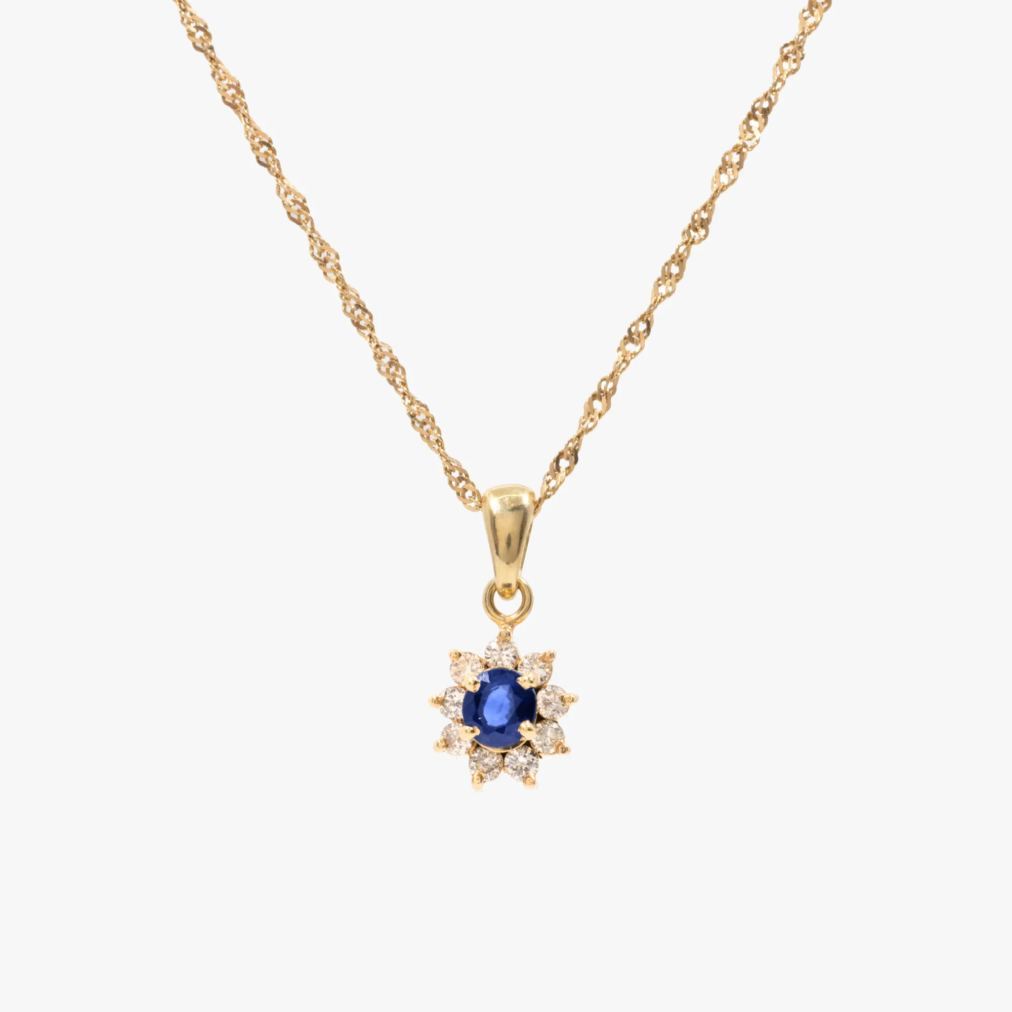 Gold chain with sapphire and diamond pendant