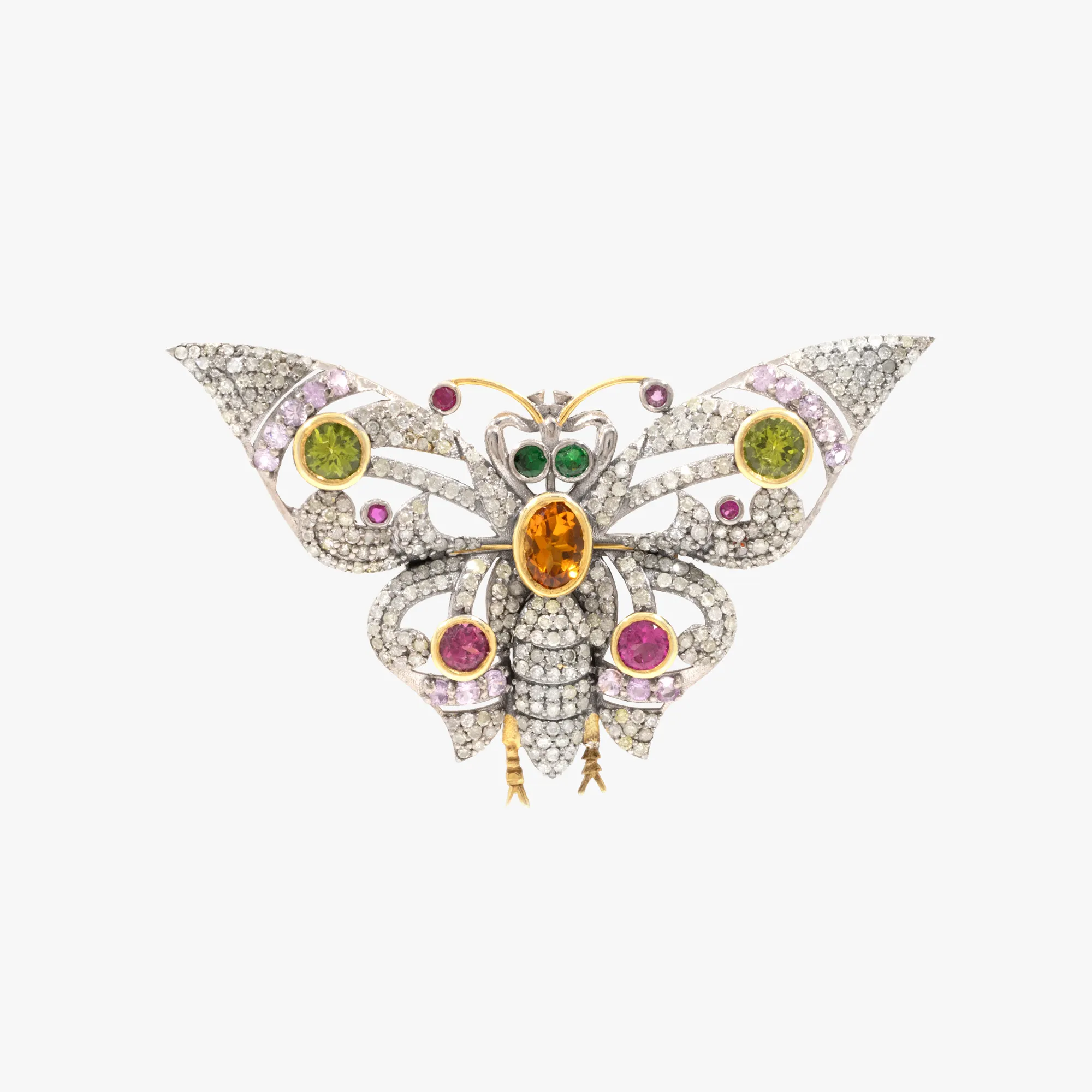Broșă din argint parțial aurit, ornată cu pavaj de diamante, rubine, tsavorite și safire roz, în formă de fluture, simbol al tranformării