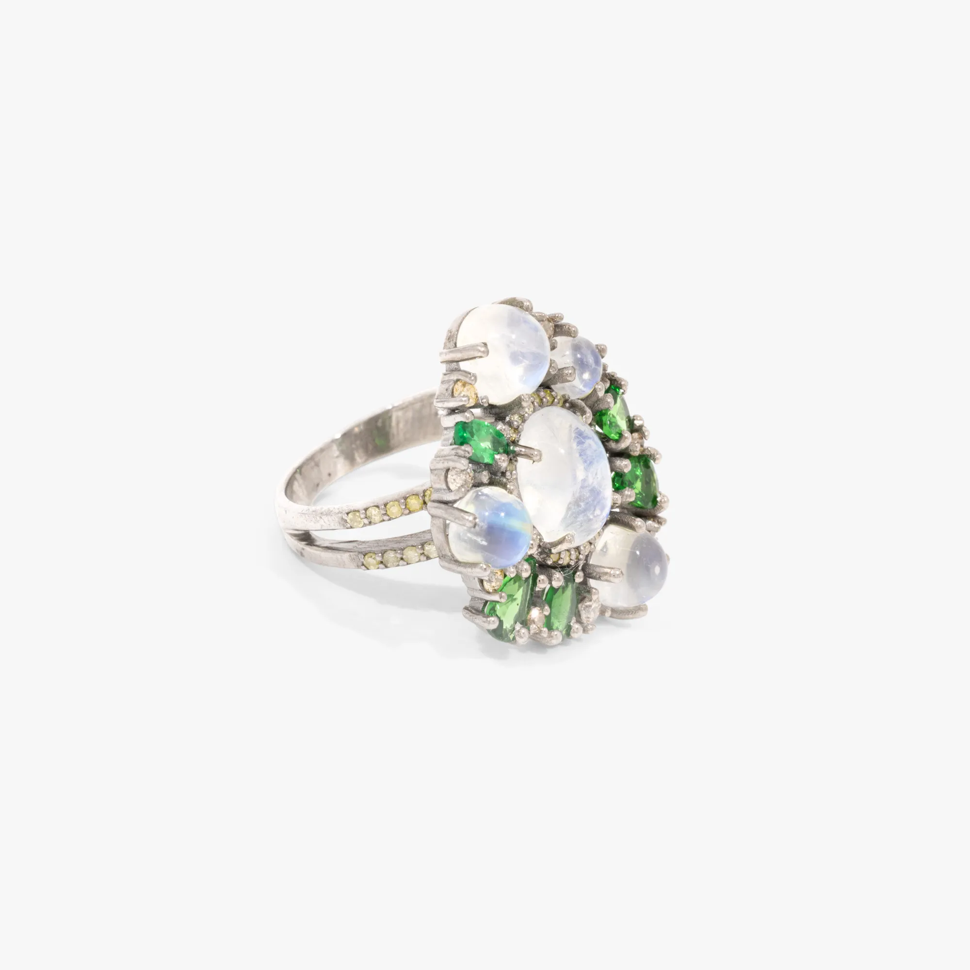 Silver ring, decorated with moonstone, tsavorite, and diamonds