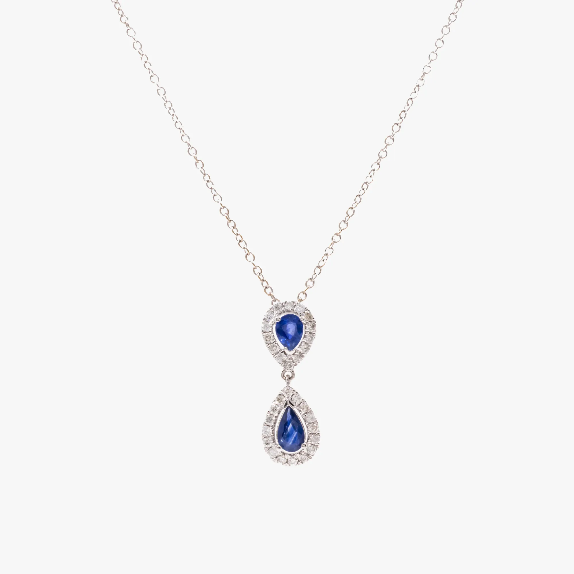 White gold chain with sapphire and diamond pendant, accompanied by additional gemological certificate