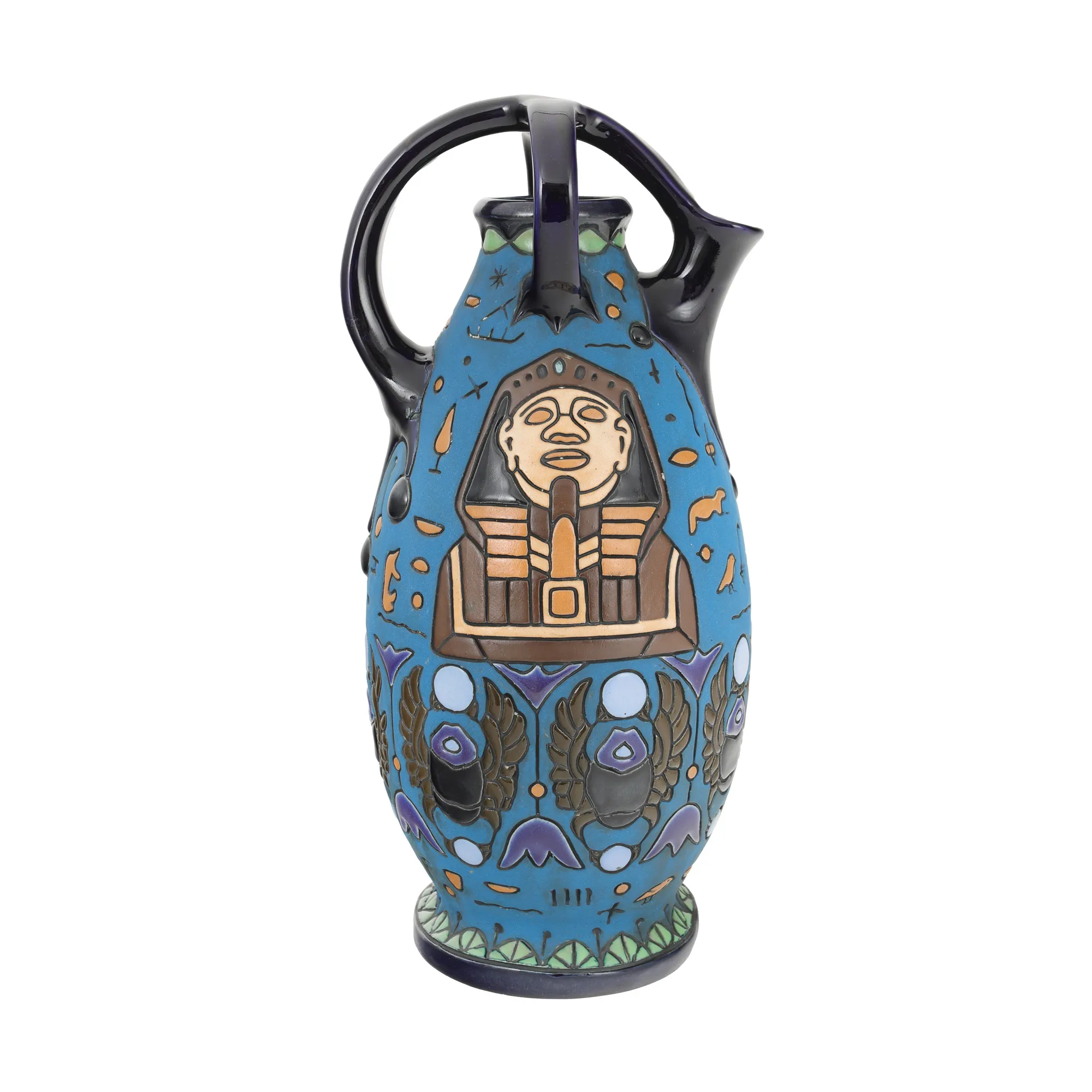 Carafă Art Deco din ceramică, decorată cu scenă egiptenizantă - adorarea soarelui, anii 1920