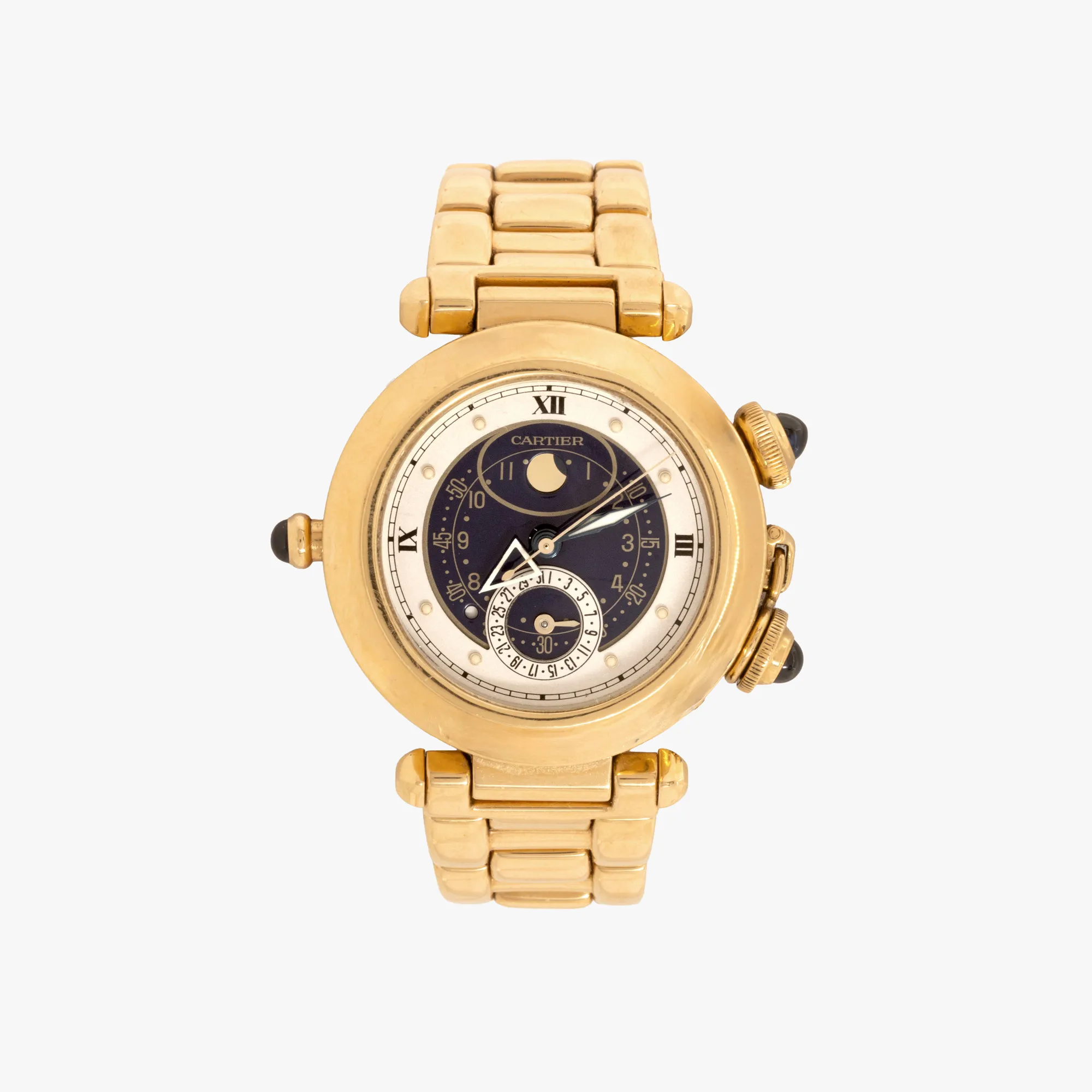Rar ceas Cartier Pasha Phases de Lune, din aur, de mână, unisex, însoțit de cutie originală, cheie de reglaj și manual de utilizare.
