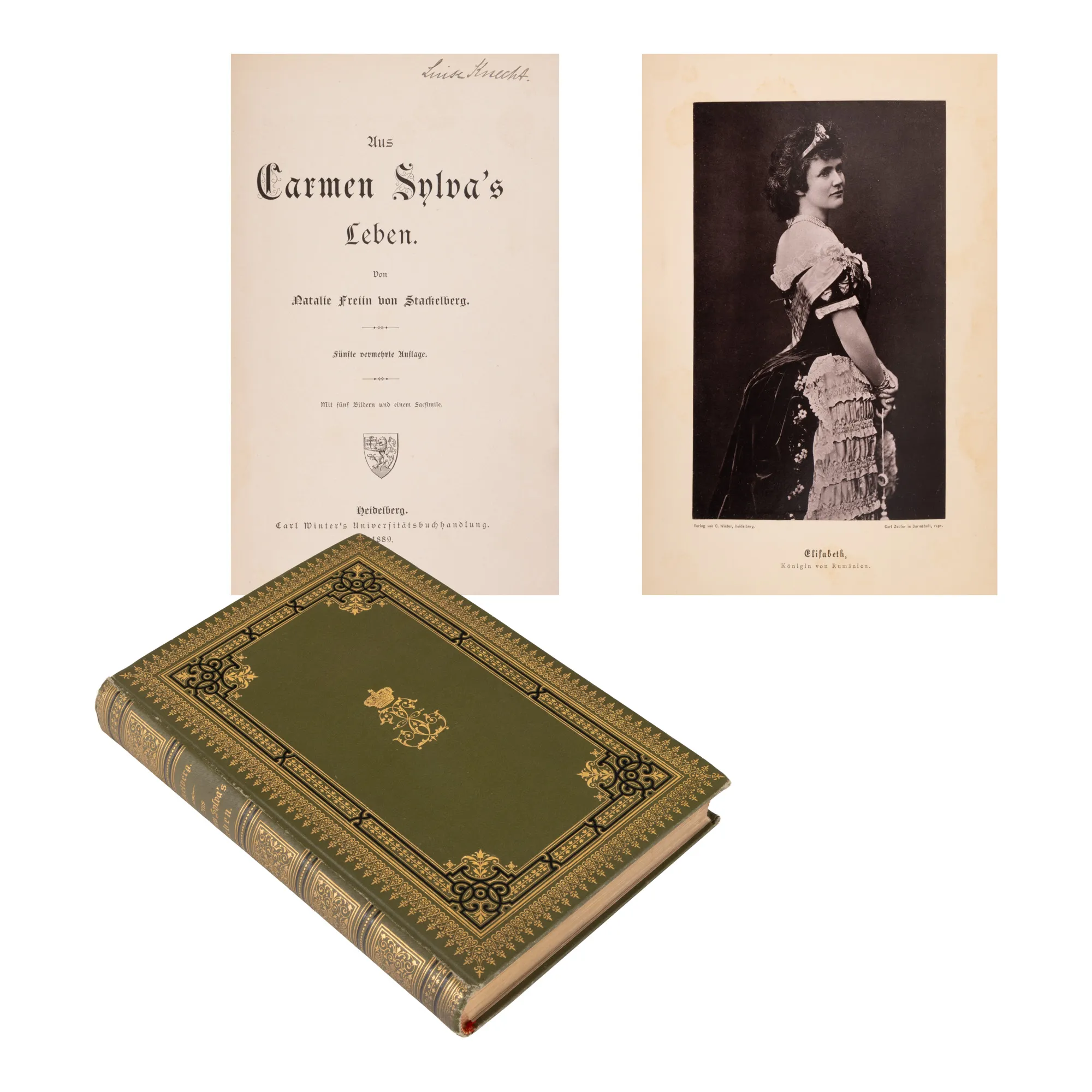 ”Din viața reginei Carmen Sylva”, de Natalie Freiin von Stackelberg, germană, Laiden, 1889, ediție de lux