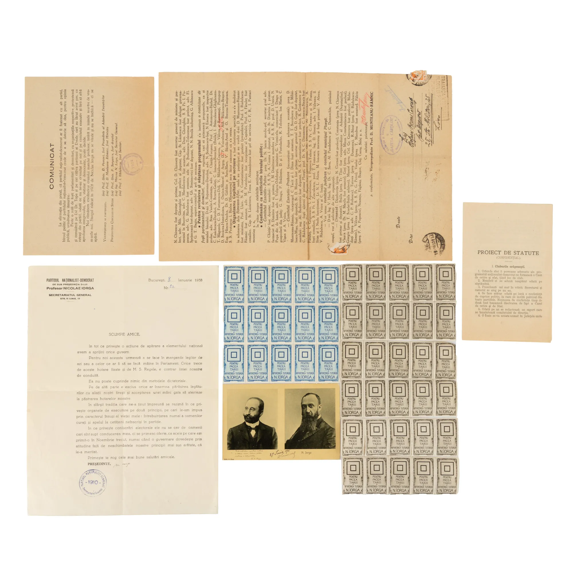 Lot format din diverse documente istorice legate de ”Partidul Naționalist-Democrat”  fondat de către Nicolae Iorga și A.C. Cuza în 1910, cca. 1910-1930