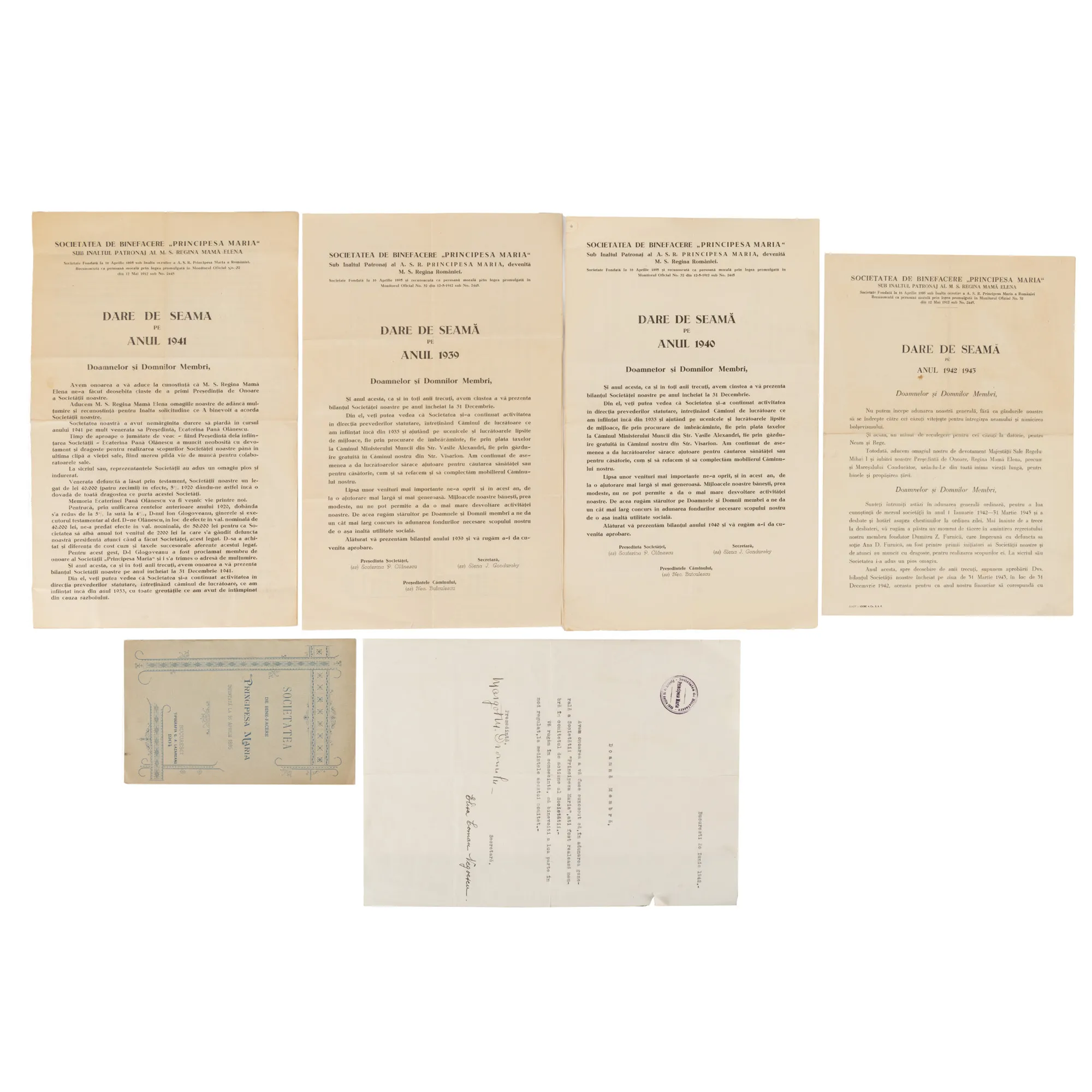 Lot de documente Societatea de Binefacere ”Principesa Maria”, 1904-1943