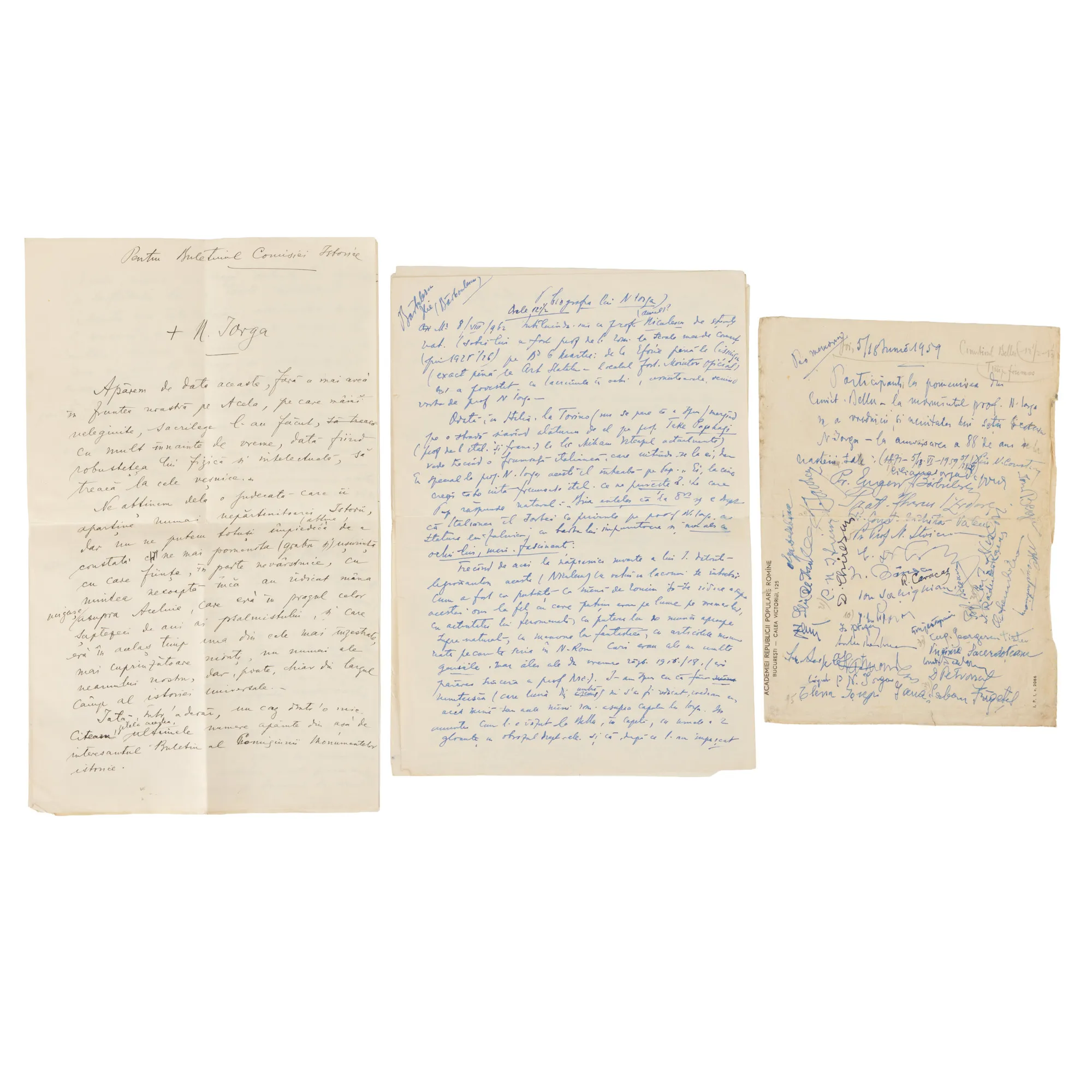 Lot consisting of three manuscripts about Nicolae Iorga, drafted by Remus Caracaș from whose archive they originate, 1940-1962