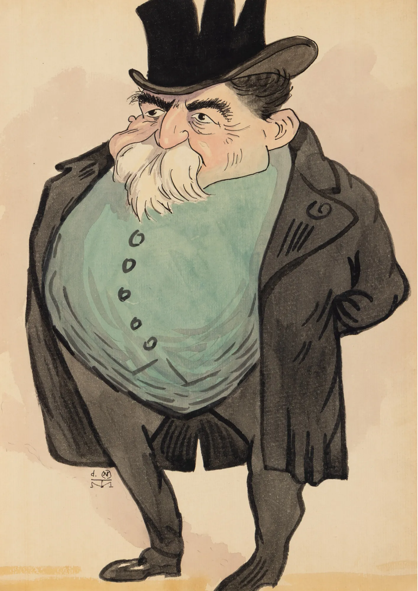 Caricatura omului politic conservator și generalului Gheorghe Manu (1833-1911), de Mihai Tacorian după Nicolae Petrescu-Găină, cca. 1932
