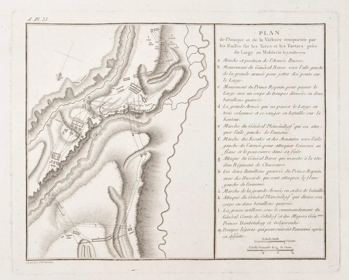 Hartă "Planul atacului și al victoriei obținute de armata rusă împotriva turcilor și tătarilor lângă Larga, în Moldova, la 7 iulie 1770", de Pierre François Tardieu, Paris, 1783