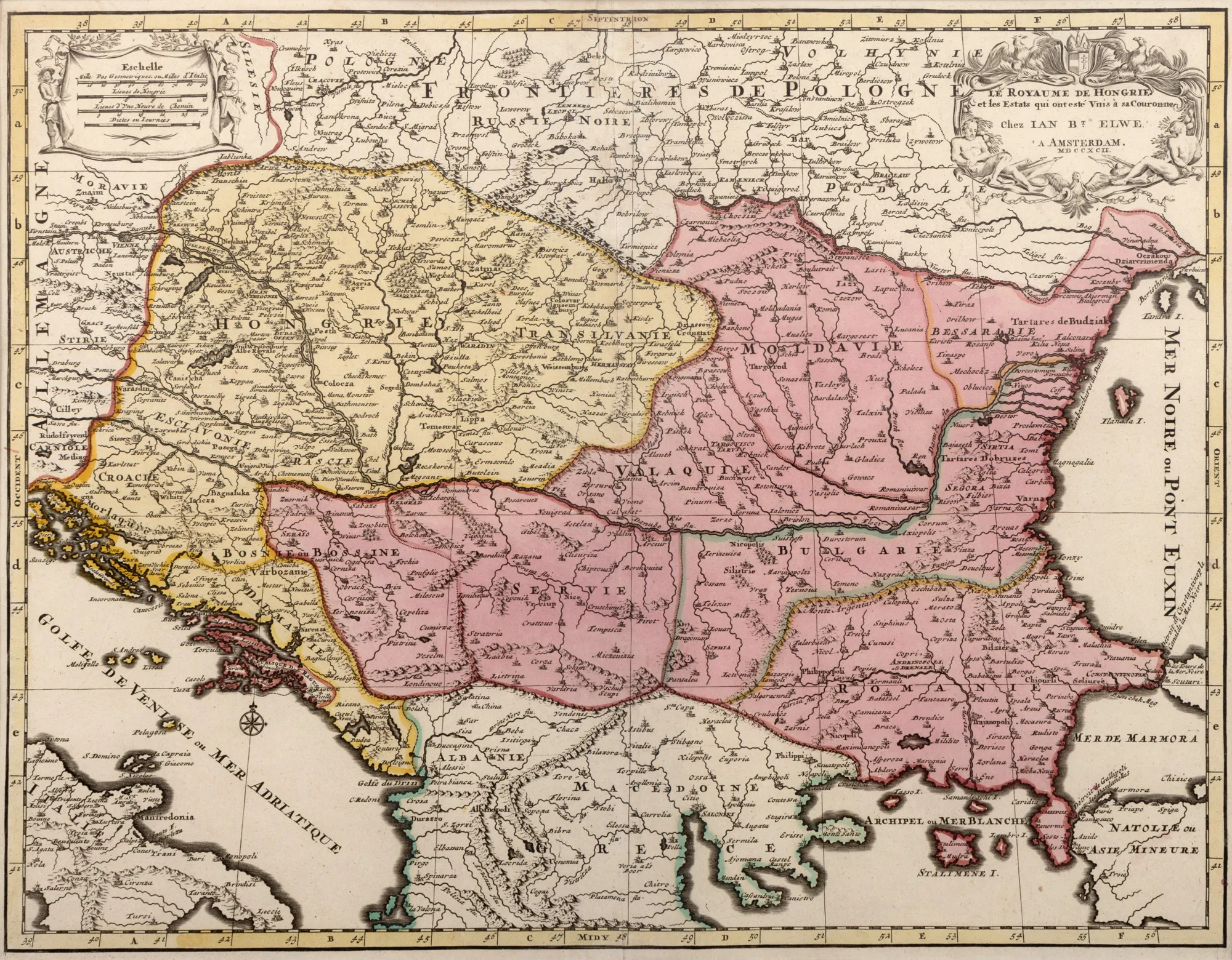 Hartă ”Regatul Ungariei și statele care au fost unite sub coroana sa”, de Jan Barend Elwe, Amsterdam, 1792