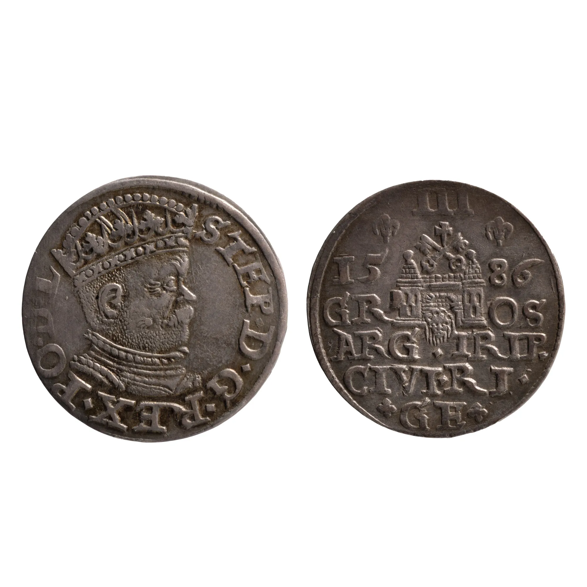 Monedă Triplu Gros, Ștefan Bathory, bătută la Riga, 1586, argint