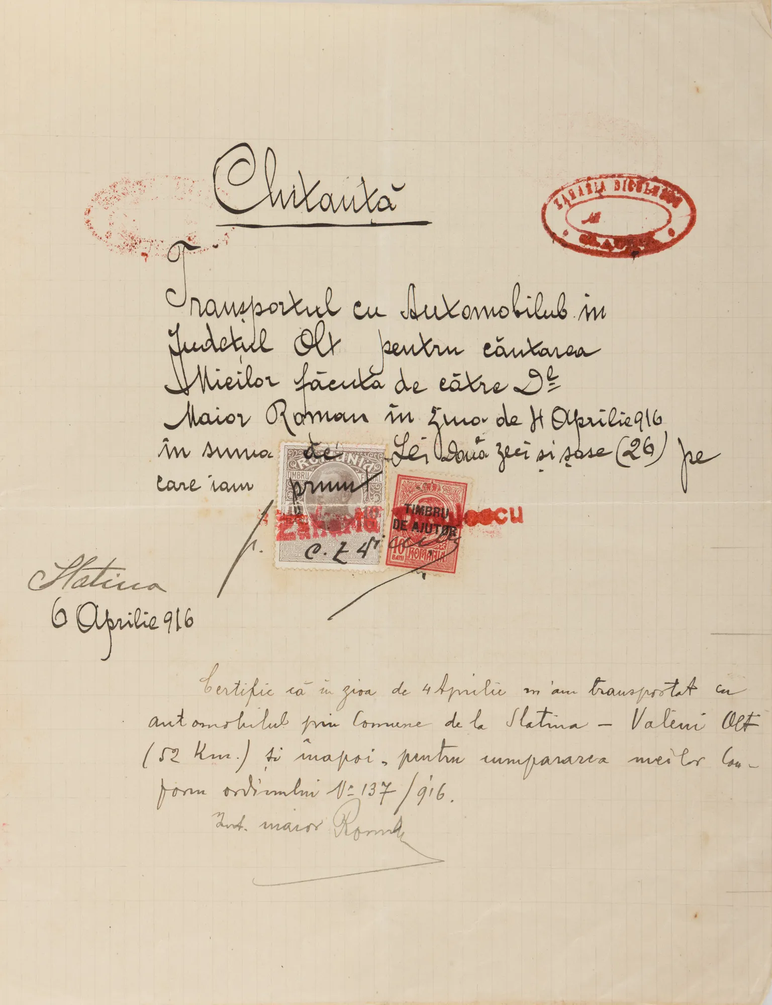 Chitanță pentru un transport militar în vederea rechiziției, 6 aprilie 1916, ștampilat și semnat olograf