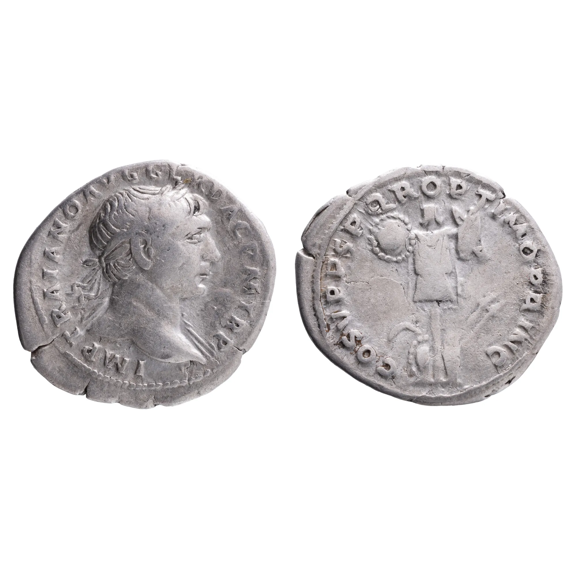 Monedă Denarius, Traian, tip trofeu, Imperiul Roman, 107-108 e.n., argint