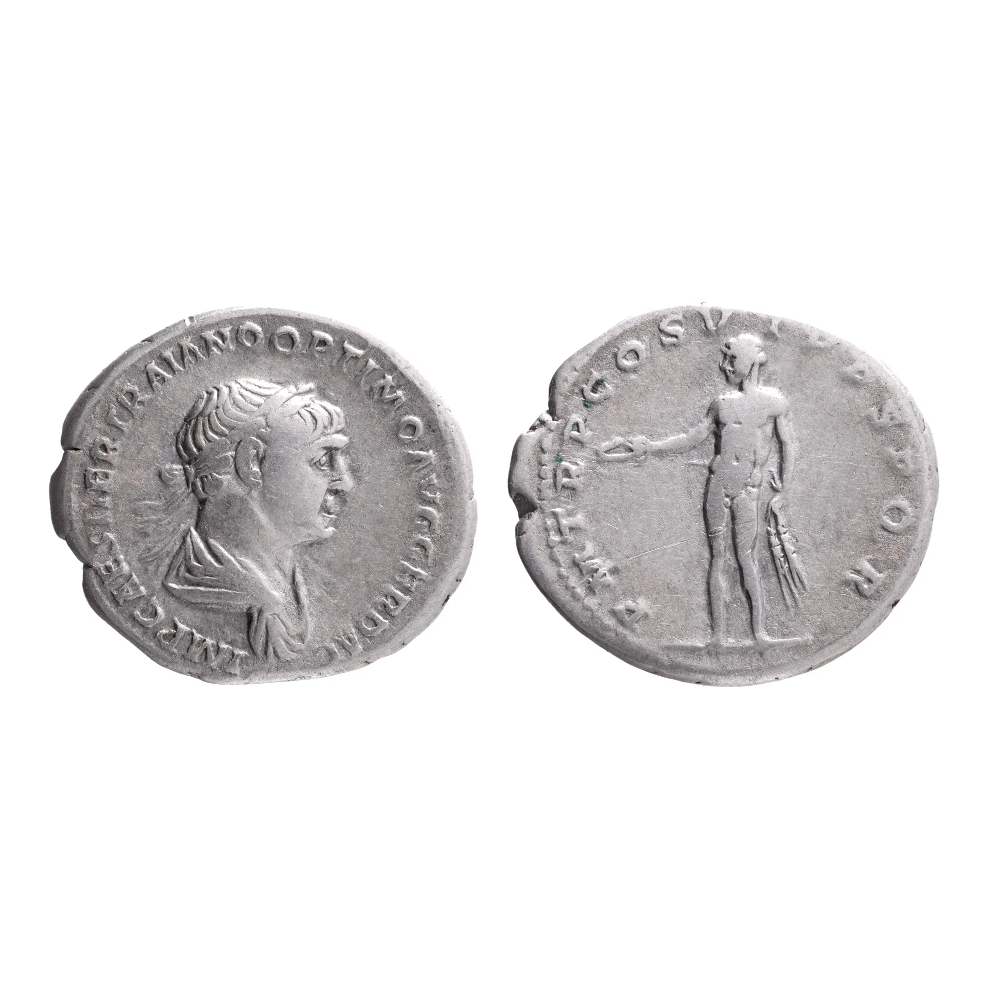 Monedă Denarius, Traian, tip Genius, Imperiul Roman, 114-117 e.n., argint