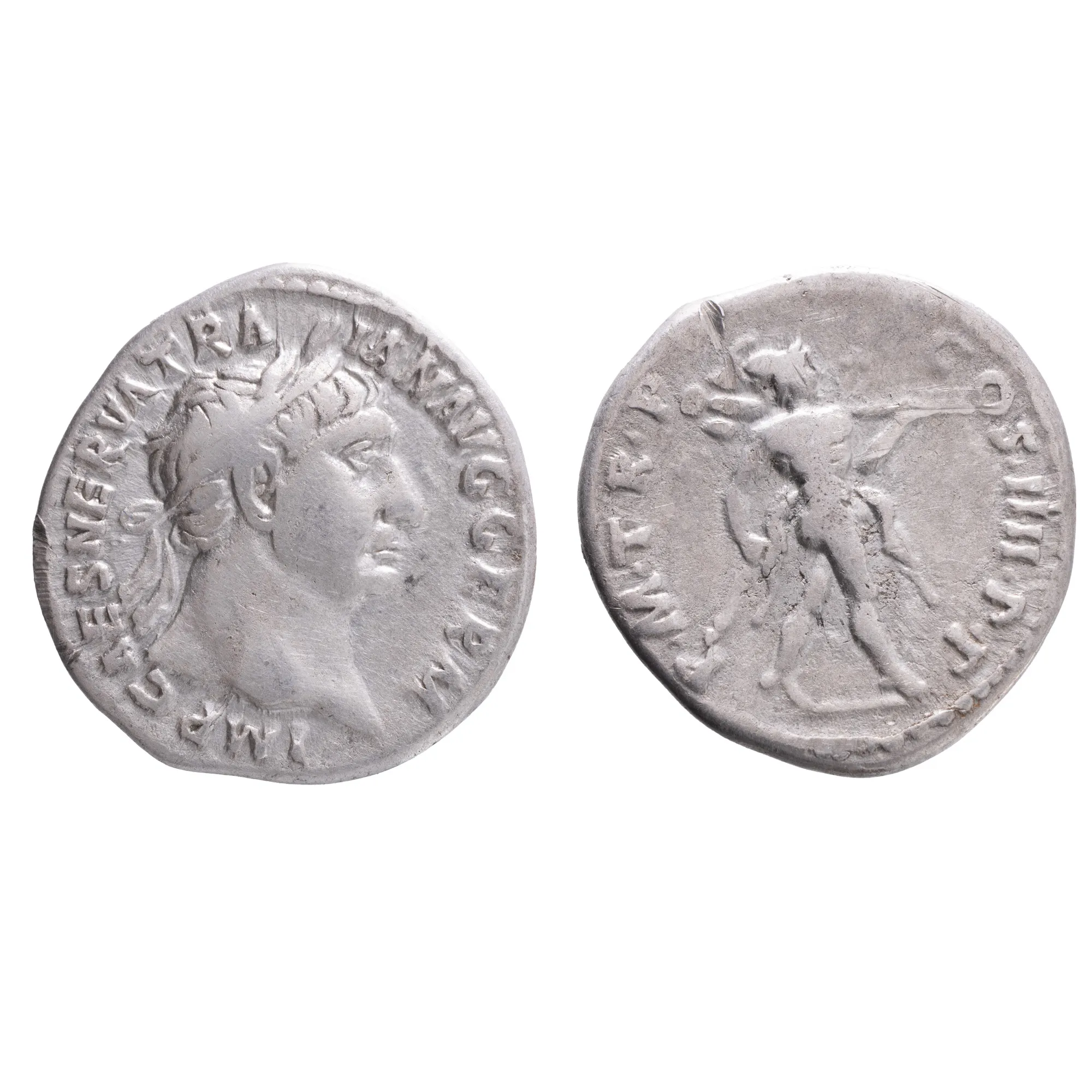 Monedă Denarius, Traian, tip Marte cu trofeu, Imperiul Roman, 101-102 e.n., argint