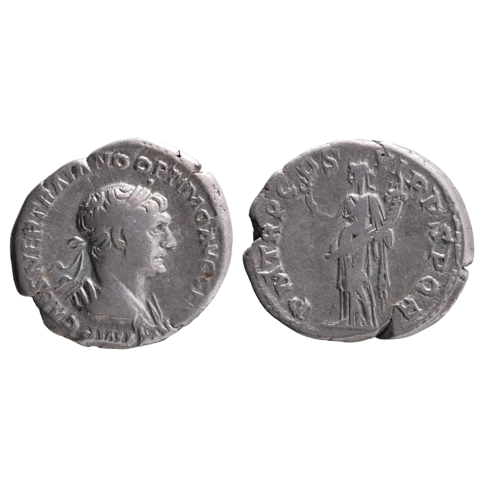 Monedă Denarius, Traian, tip Felicitas, Imperiul Roman, 114-117 e.n., argint