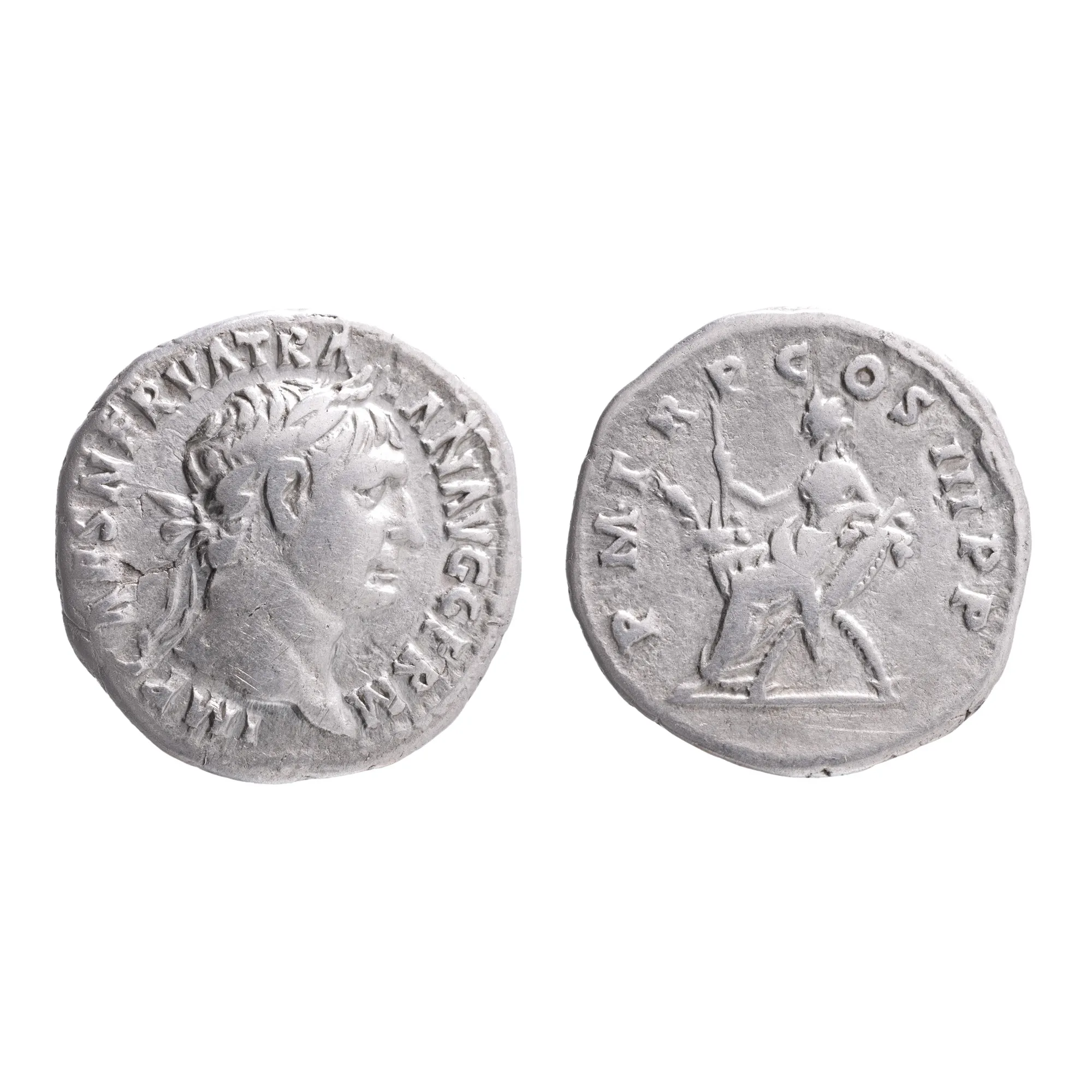 Monedă Denarius, Traian, tip Abundantia pe tron, Imperiul Roman, 100 e.n., argint