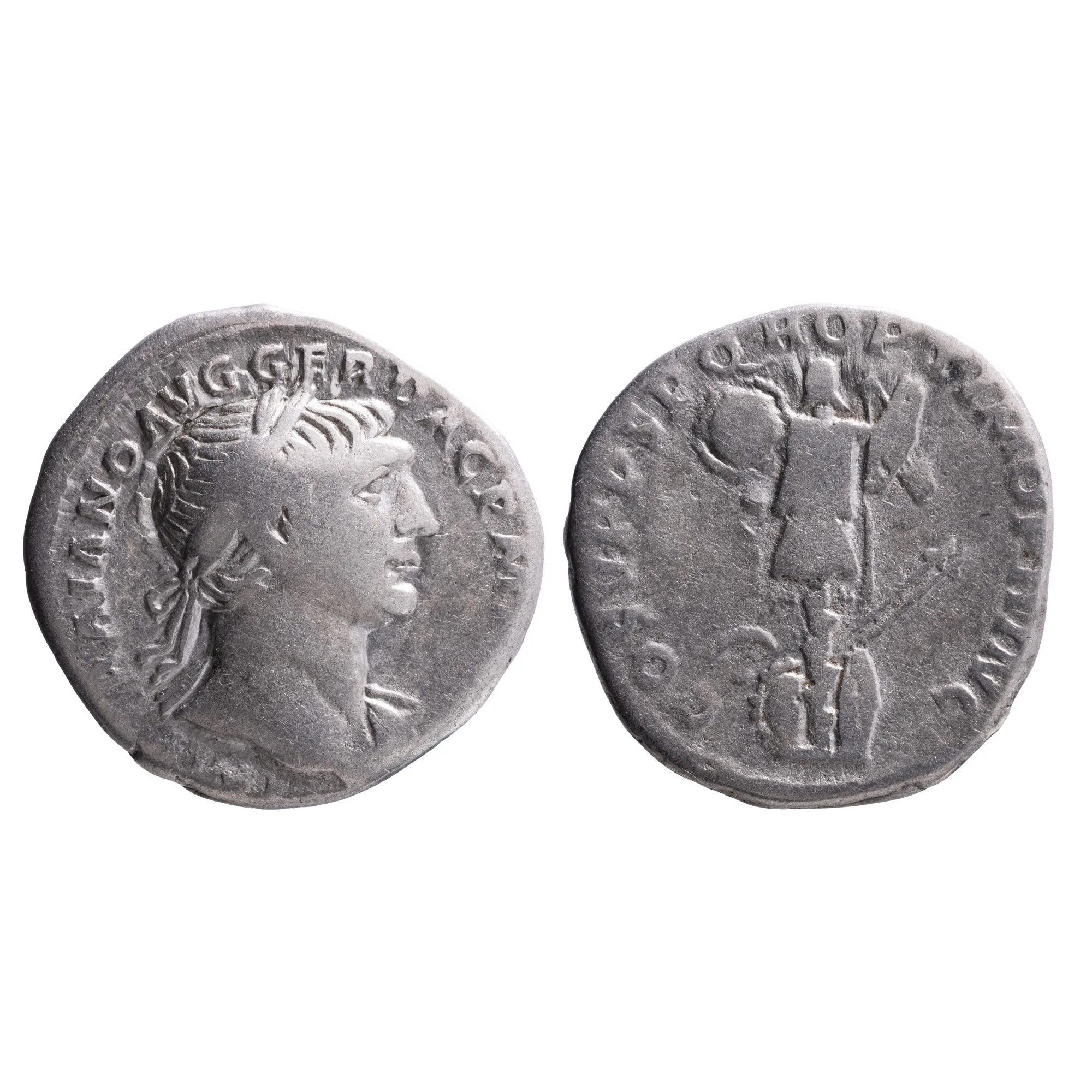 Monedă Denarius, Traian, tip trofeu, Imperiul Roman, 107-108 e.n., argint