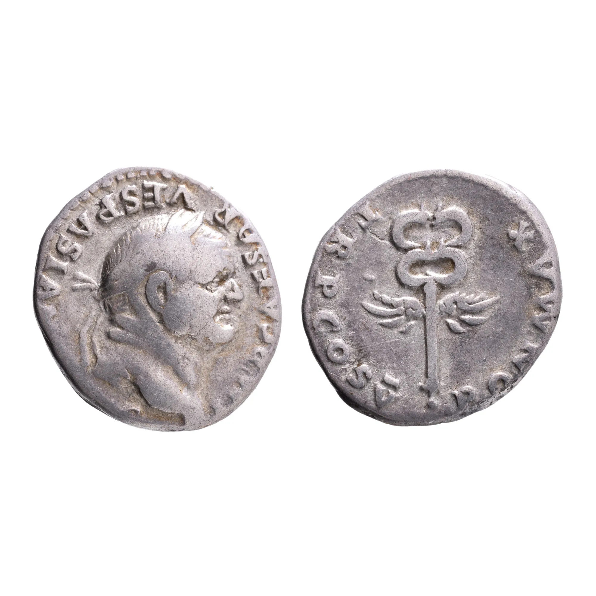 Monedă Denarius, Vespasian, tip caduceu înaripat, Imperiul Roman, 74 e.n., argint