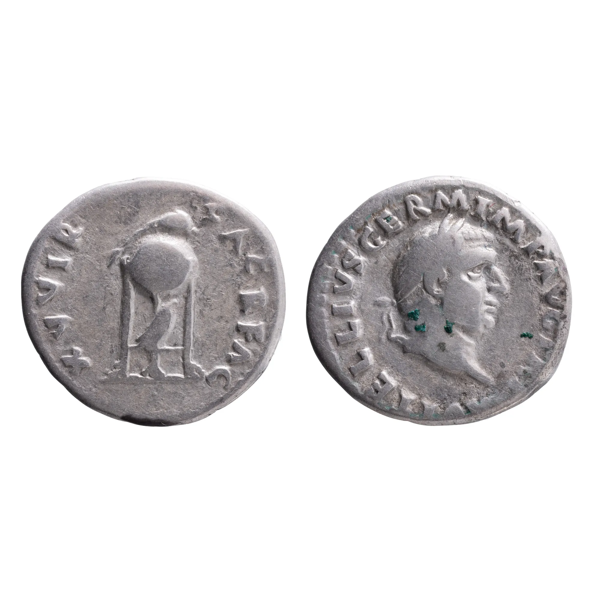 Monedă Denarius, Vitellius, tip tripod surmonat de un delfin, Imperiul Roman, 69 e.n., argint