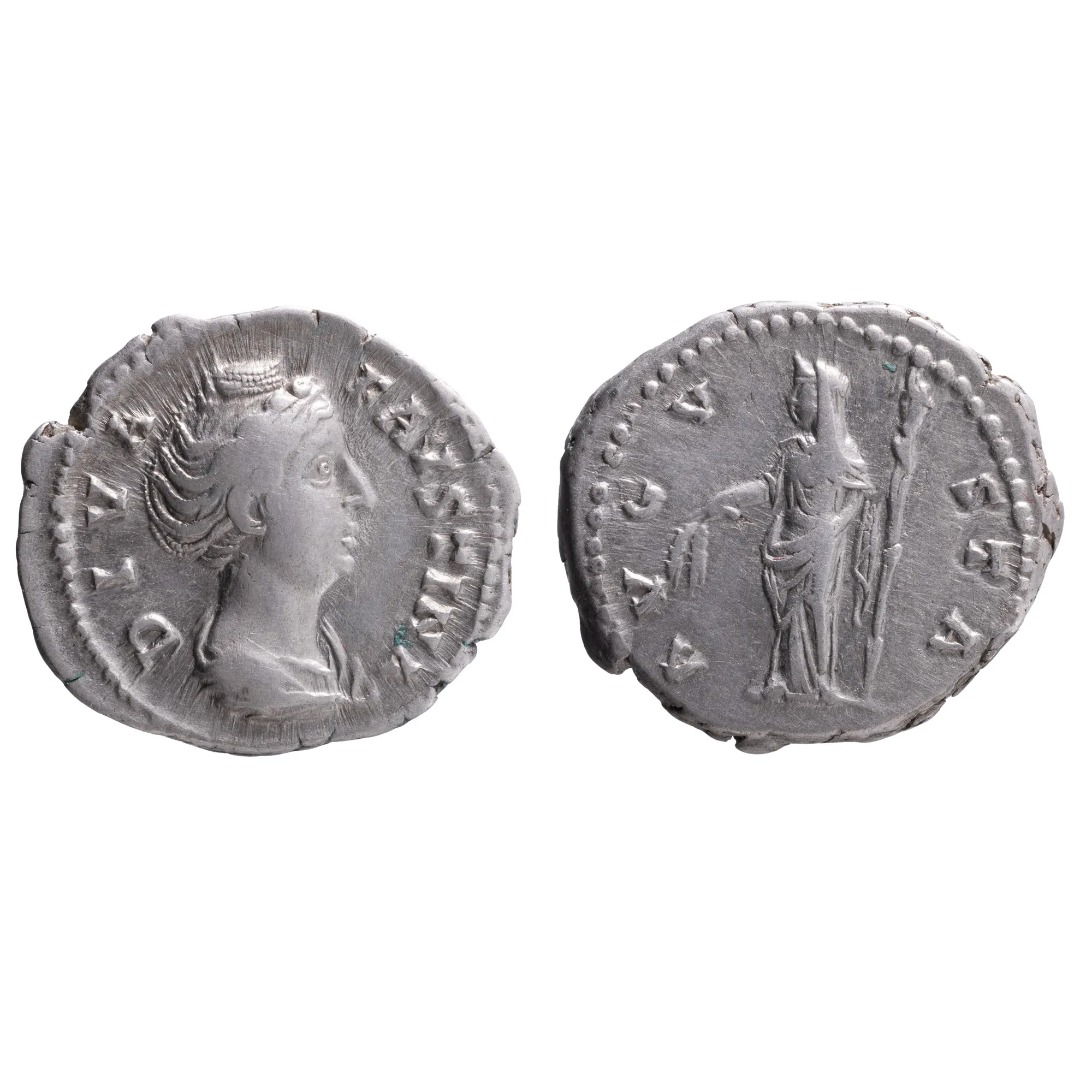 Monedă Denarius, Antoninus Pius, tip Diva Faustina, Imperiul Roman, 141 e.n., argint