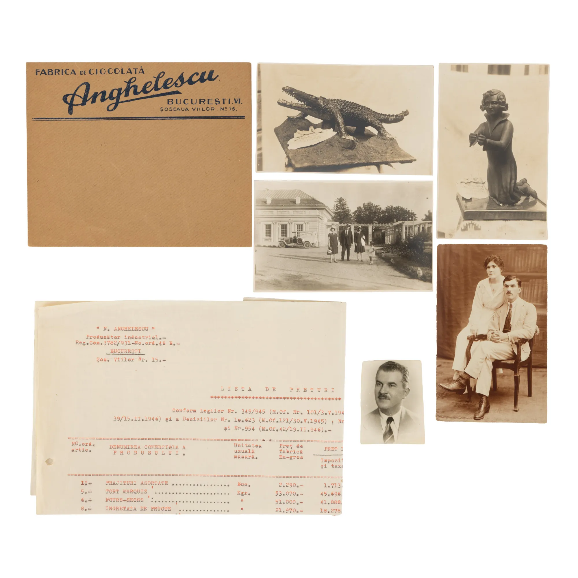 Lot consisting of five advertising illustrations, Nicolae Anghelescu Chocolate Factory, 1940-1941, and two photographs of Zoe and Nicolae Anghelescu, the factory owners, 1918-1929.