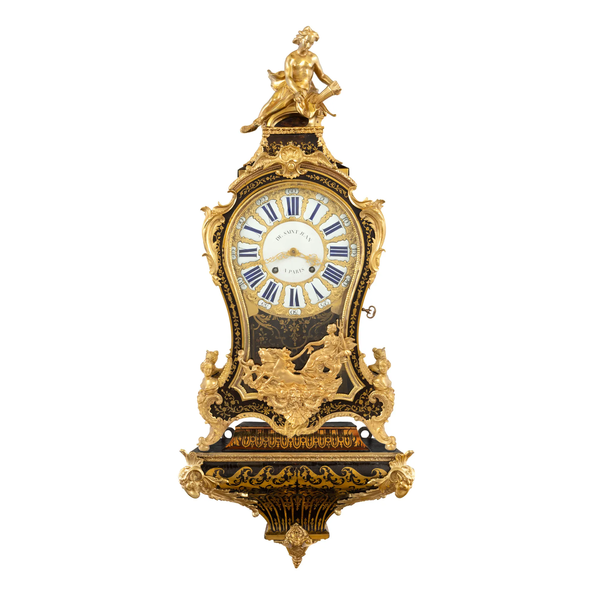 Monumental pendul cartel Saint Jean a Paris, în stil Louis XVI, lucrat în manieră Boulle, ornat cu zeița Amphitrite și zeul Apollo, cca. 1780-1790