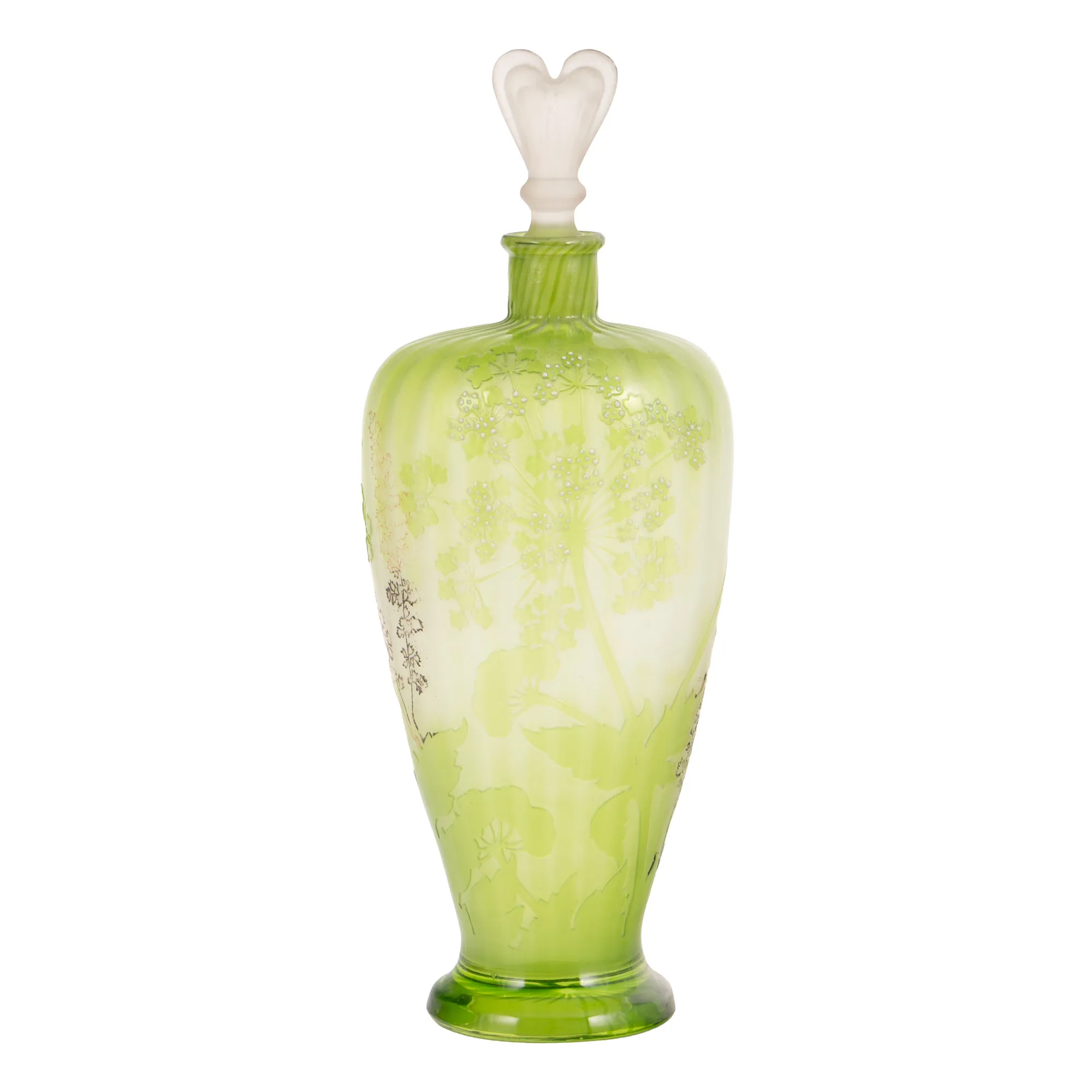 Vas-decantor Gallé, cu capac din sticlă opalină, decorat cu Achillea millefolium, cca. 1900