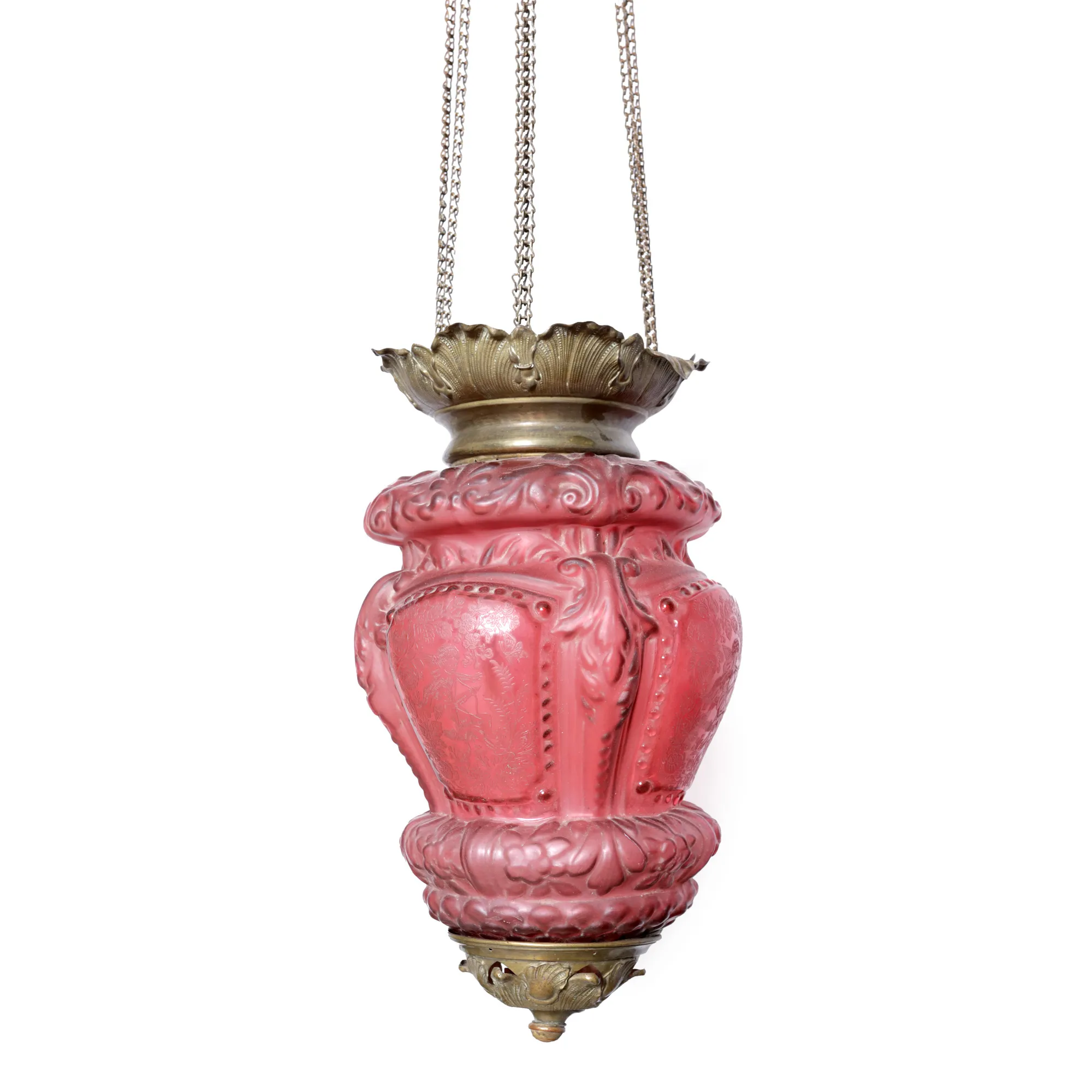 ”Moon lamp” - lampă Neobizantină cu sticlă opalină, decorată cu amorași, sfârșitul sec. XIX
