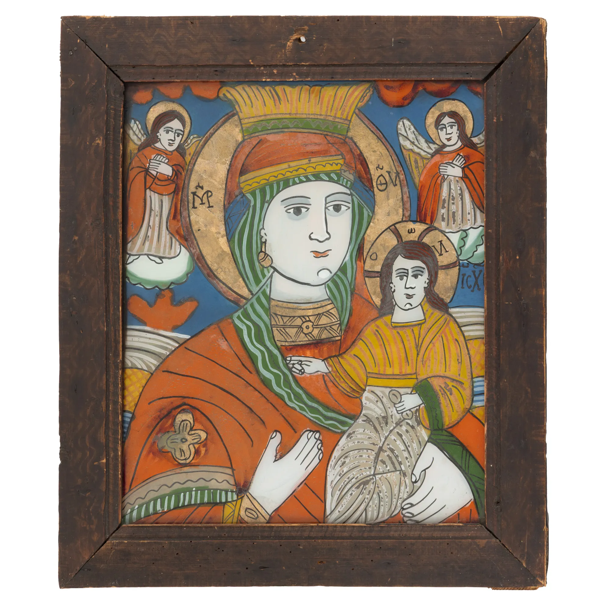 Icon on glass, "The Virgin with the Infant (Hodighitria)", workshop from Brasov's Schei, second half of the 19th century