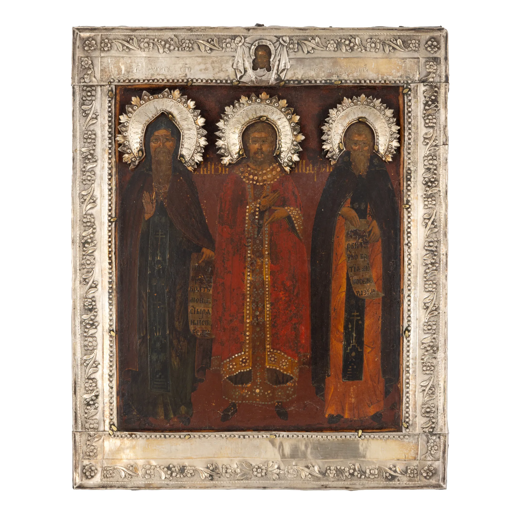 Icoana pe lemn, cu riză din argint, ”Sfântul Cuvios Nichita Mărturisitorul, Sf. Andrei Cneazul Smolenskului, Sf. Cuvios Daniil”, școală rusească, sfârșitul sec. XVIII