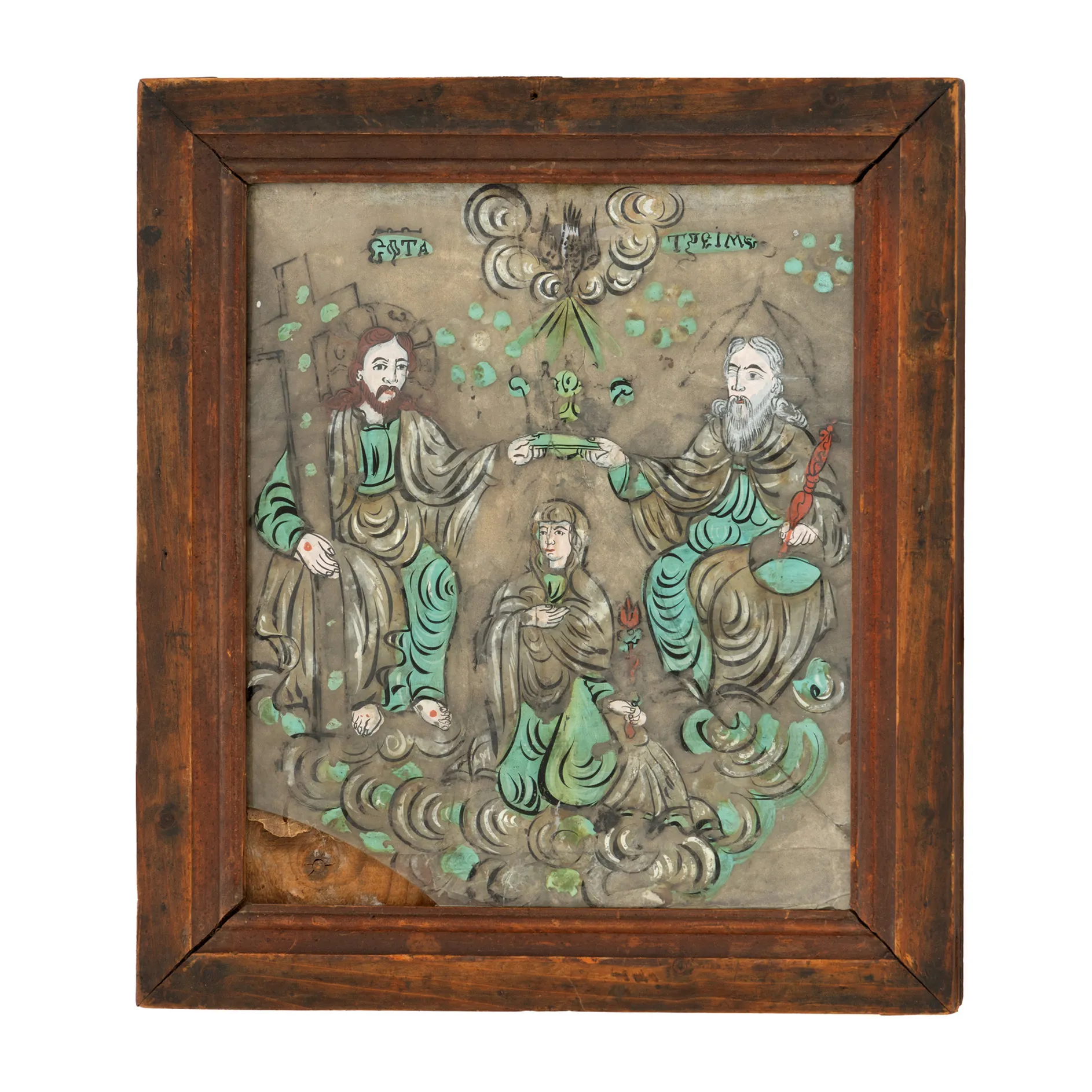 Icoană pe glajă, ”Sfânta Treime (Încoronarea Maicii Domnului)”, atribuit zugrav Nicolae Oancea din Vale, prima jumătate a sec. XIX