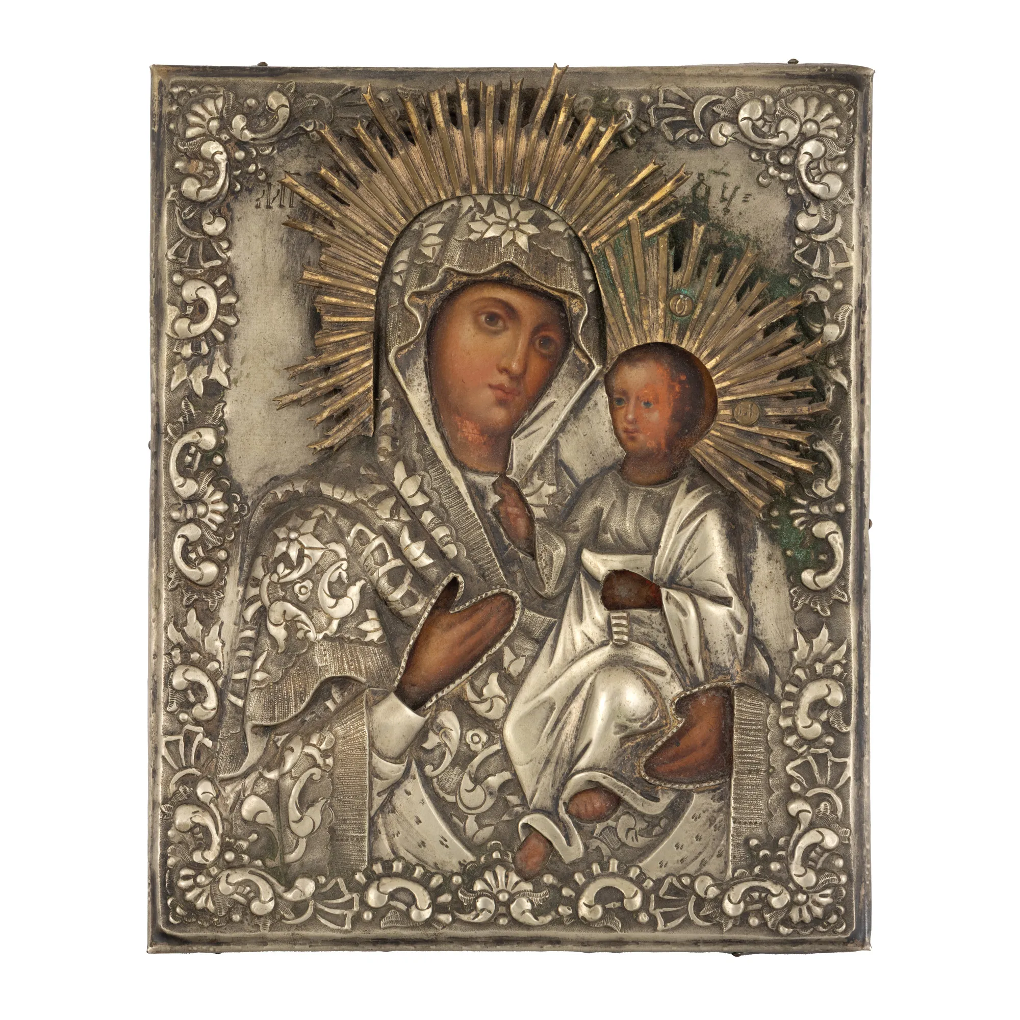 Icoană pe lemn, cu ferecătură, ”Maica Domnului cu Pruncul”, școală rusească, atelier G. Henninger, Varșovia, sfârșitul sec. XIX