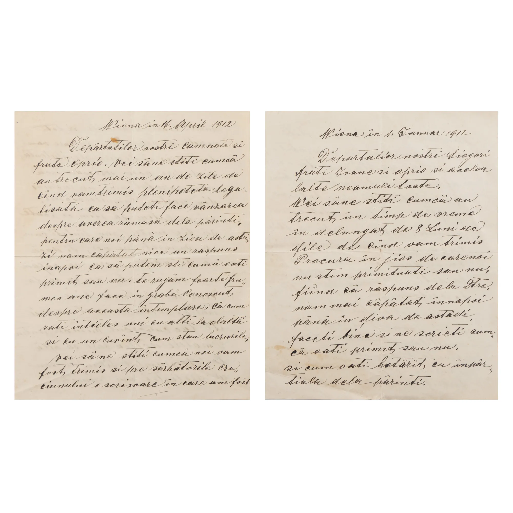 Lot format din două scrisori adresate medicului Lazăr Popovici, Viena, 1 ianuarie și 16 aprilie 1912 (4 file)