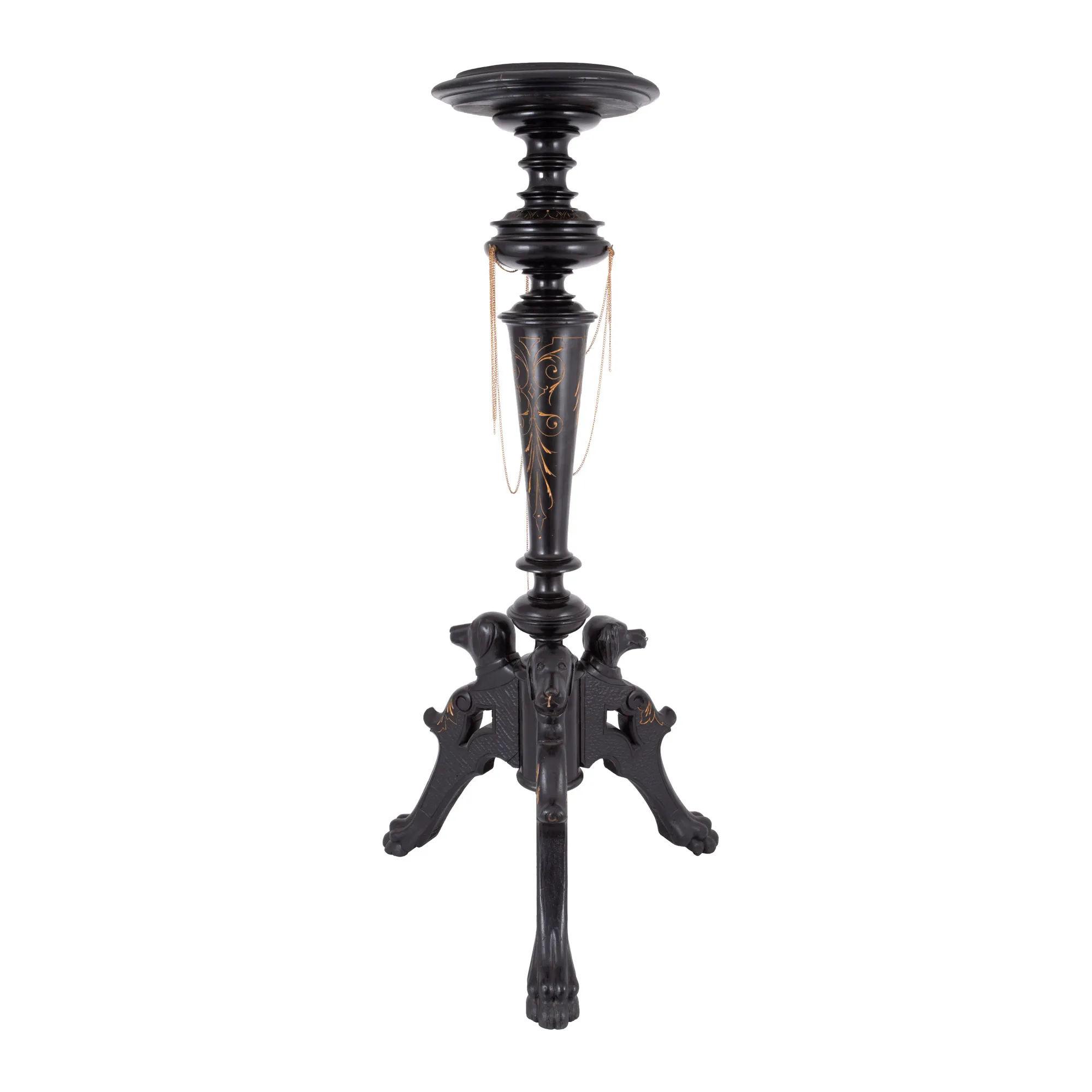 Historicist pedestal, made of ebonized wood, decorated with greyhounds, first half of the 20th century