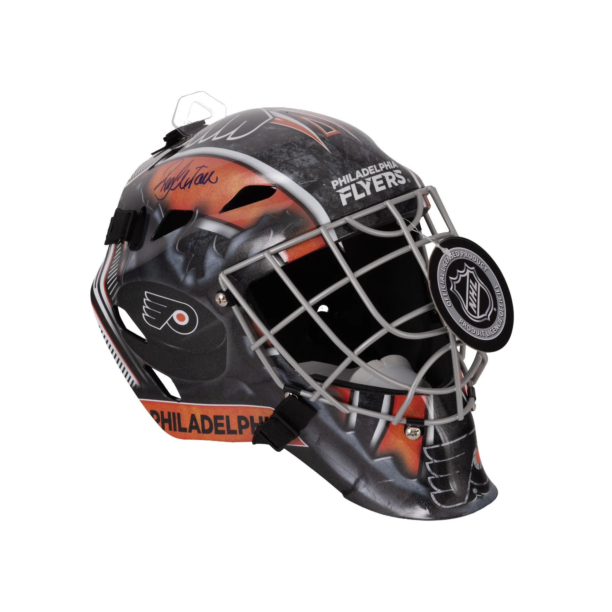 Replică de cască de hochei, model Philadelphia Flyers, cu semnătura olografă a lui Ron Hextall