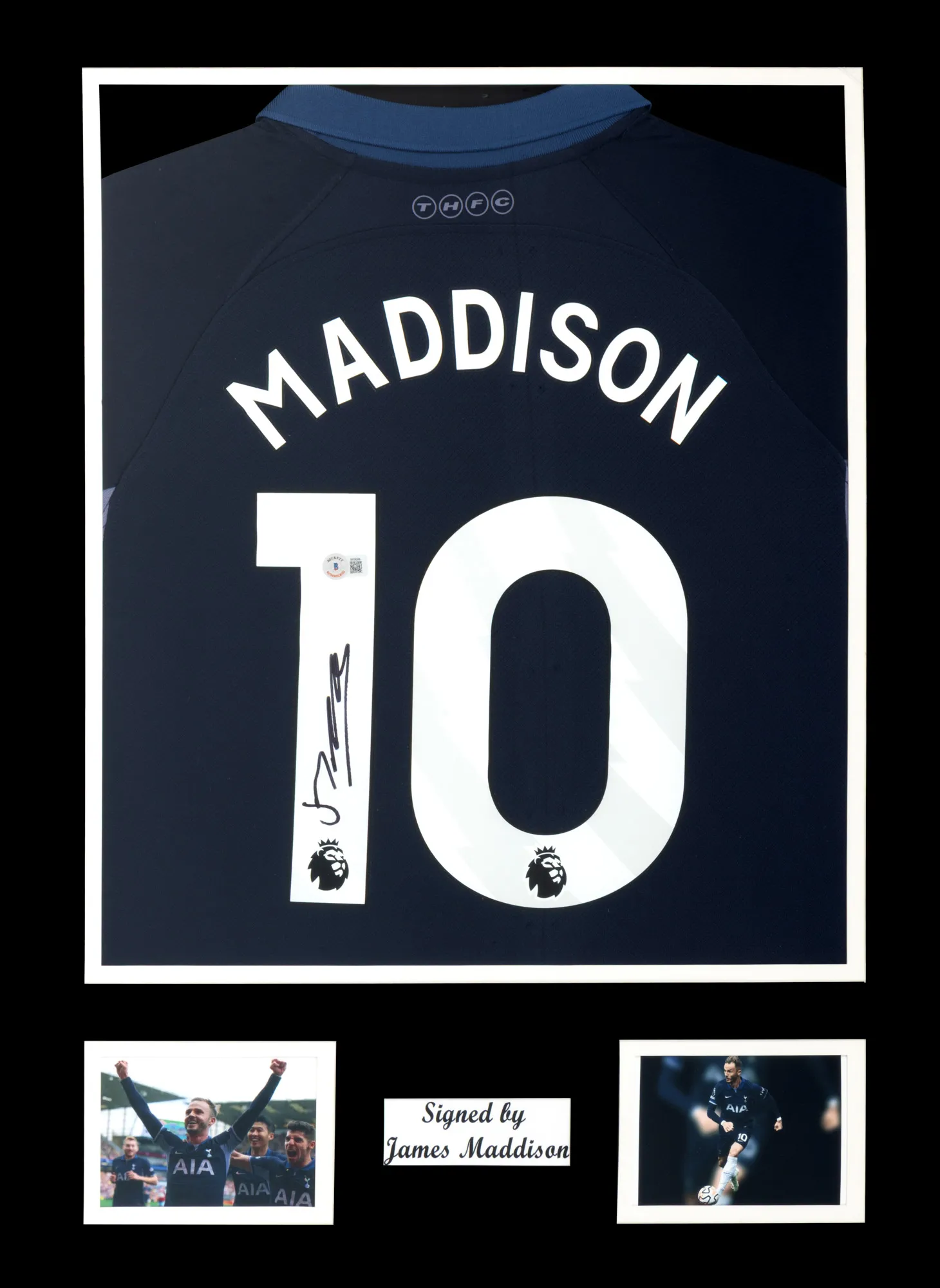 Framed Tottenham Hotspur T-shirt, with James Maddison's holographic signature