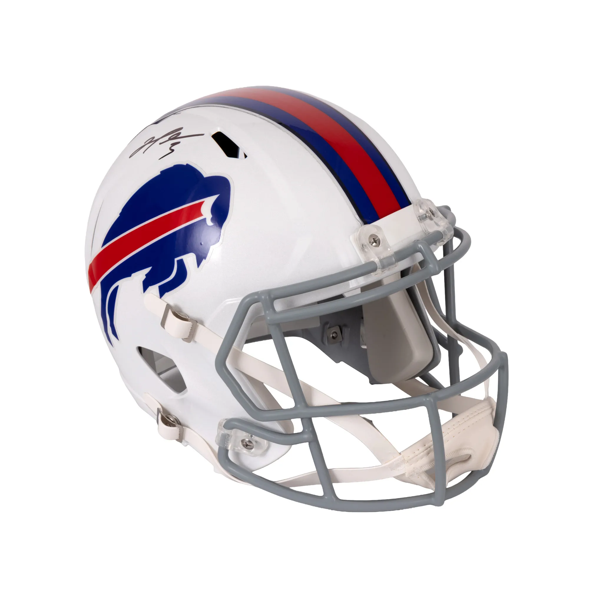 Replica of American football helmet, Buffalo Bills model, with Damar Hamlin's holographic signature, in the original box