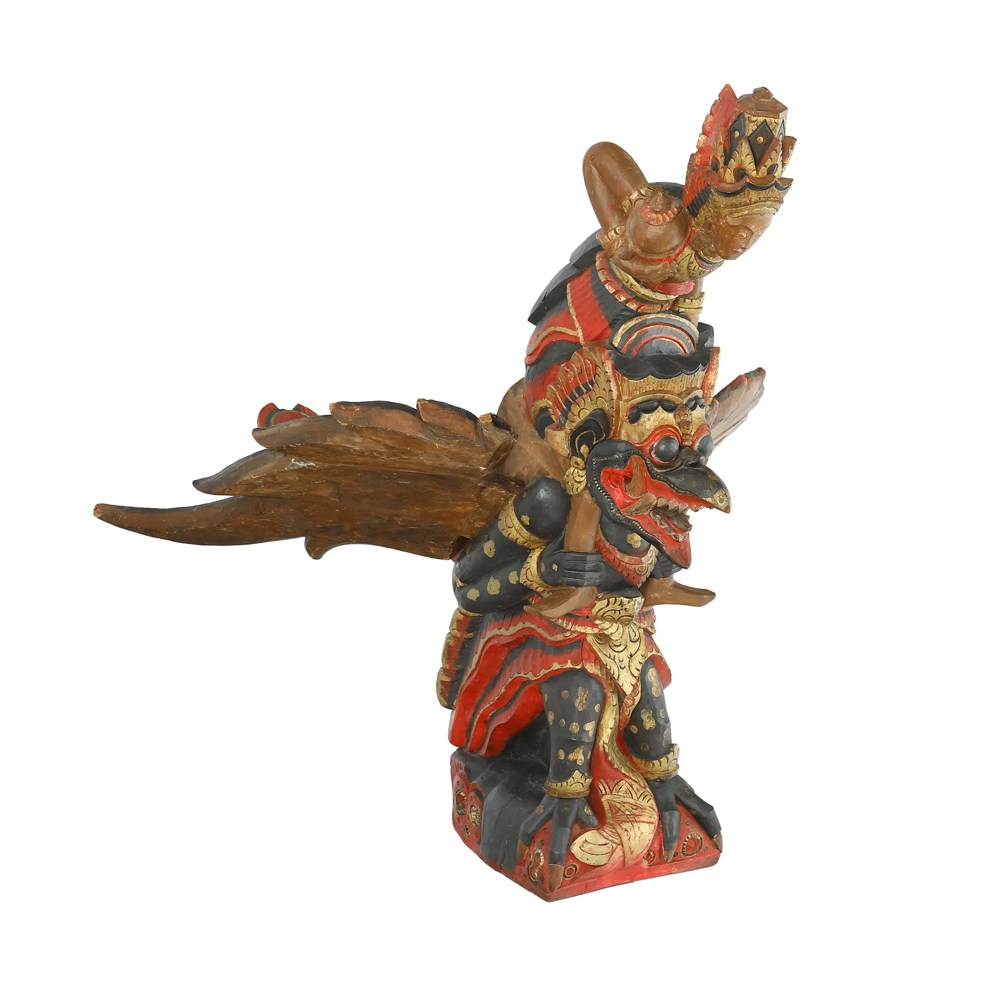 Statuetă din lemn pictat, reprezentându-l pe zeul Vishnu călare pe Garuda