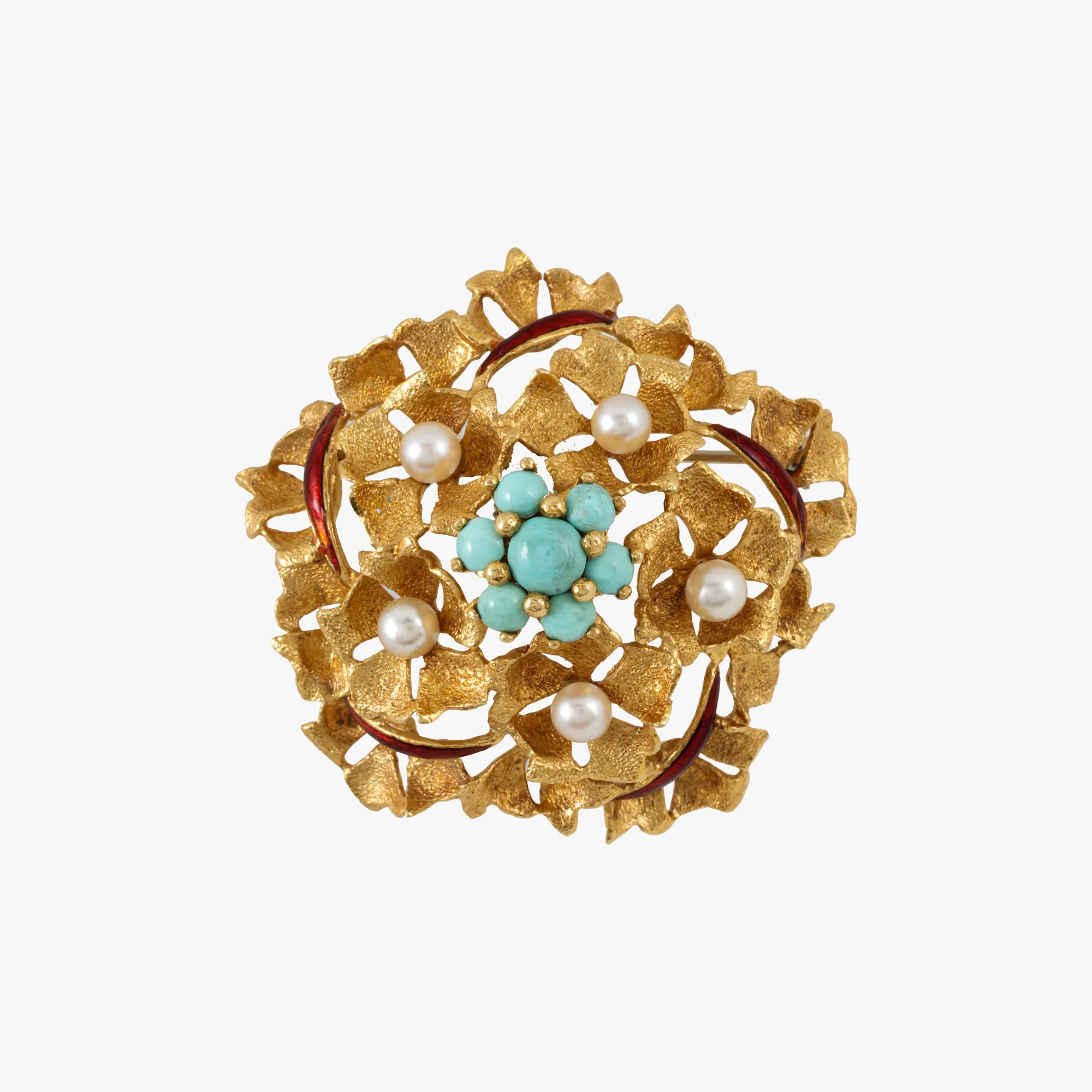 Bicolor gold brooch, decorated with enamel, turquoise and pearls, circa 1960, comes from the collection of Gabriela Drâmbă, the former wife of Emperor Bokassa I