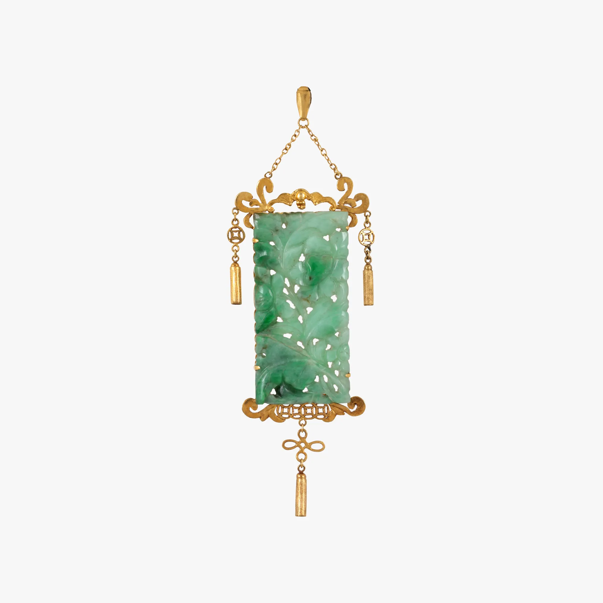 Gold pendant, decorated with a carved jade medallion, from the collection of Gabriela Drâmbă, the former wife of Emperor Bokassa I