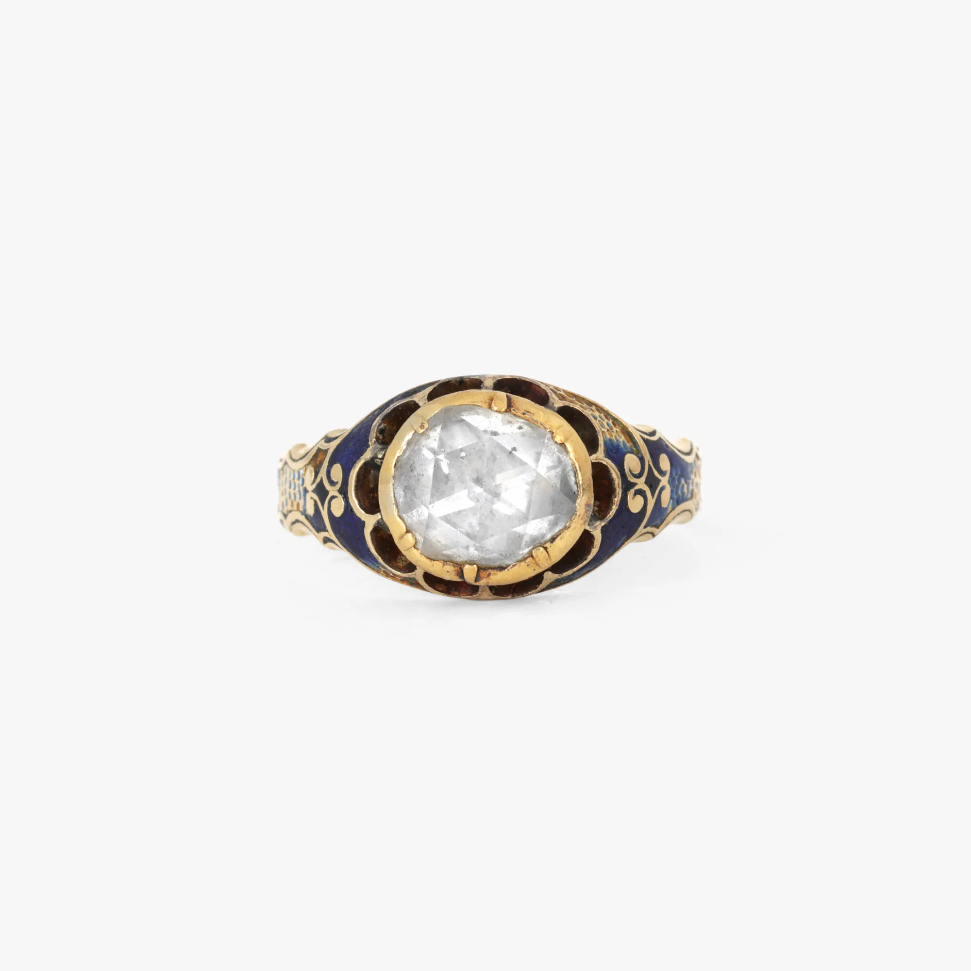 Victorian style gold ring, decorated with a diamond of approx. 1.59 ct. and enamel, circa 1880, accompanied by additional gemological certificate
