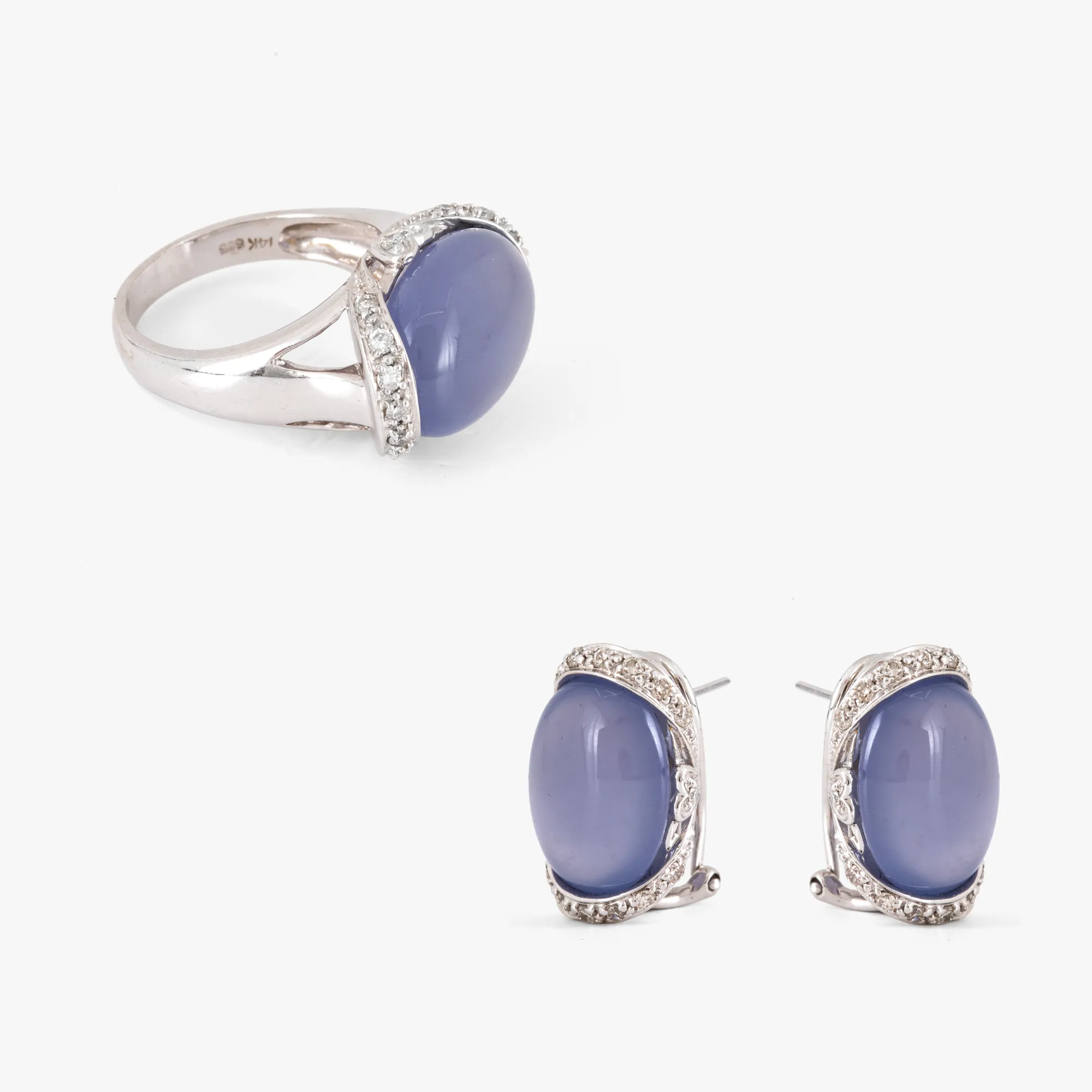 White gold set, consisting of a pair of earrings and a ring, decorated with chalcedony and diamonds