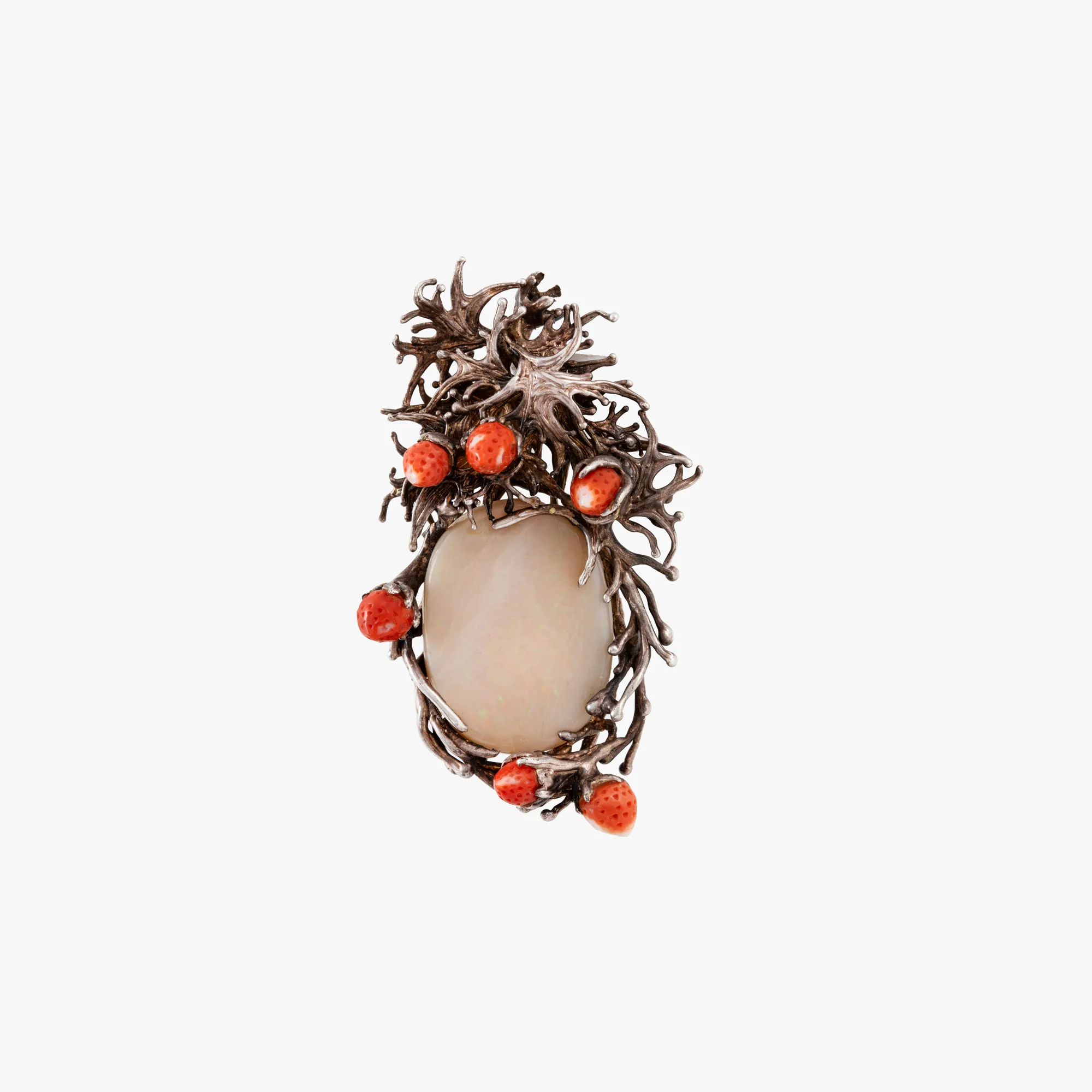 Silver pendant, decorated with opal and coral in the shape of strawberries