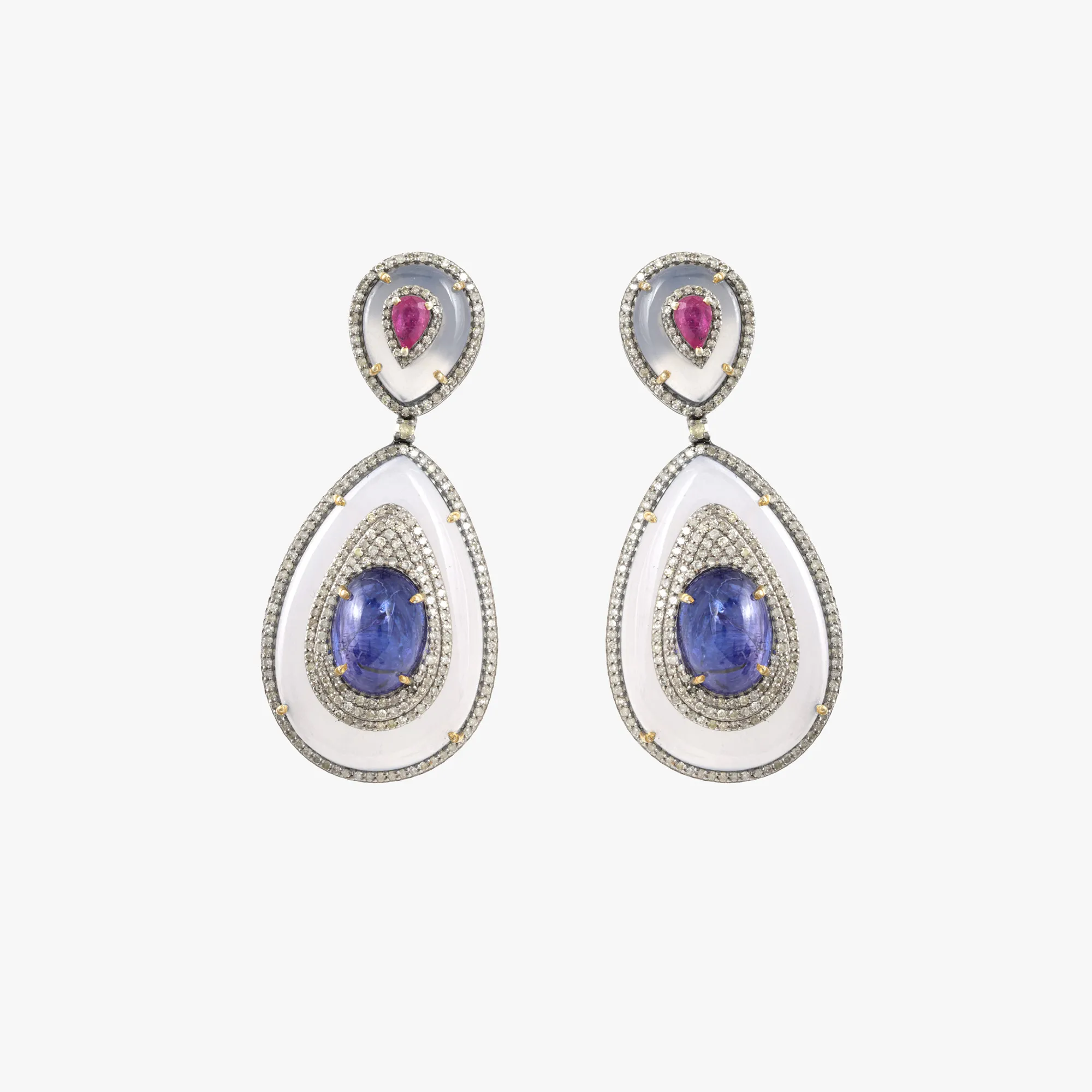 Pair of silver earrings, decorated with chalcedony, rubies, tanzanite and diamond paving