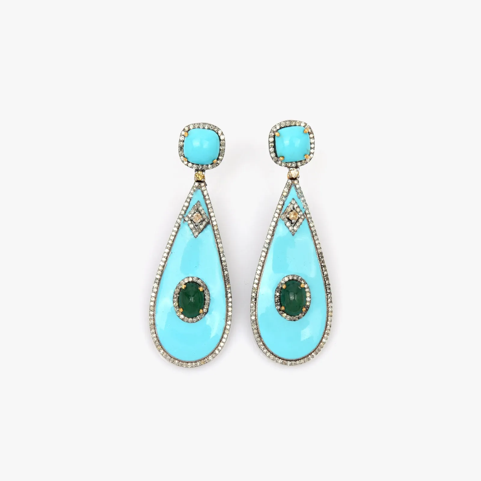 Pair of partially gilded silver earrings, decorated with diamonds, emeralds, turquoises and enamel