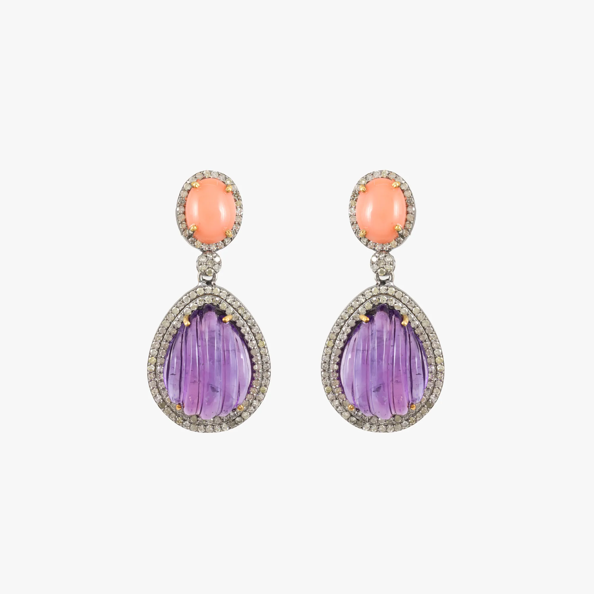 Pair of silver earrings, decorated with diamonds, amethysts and corals