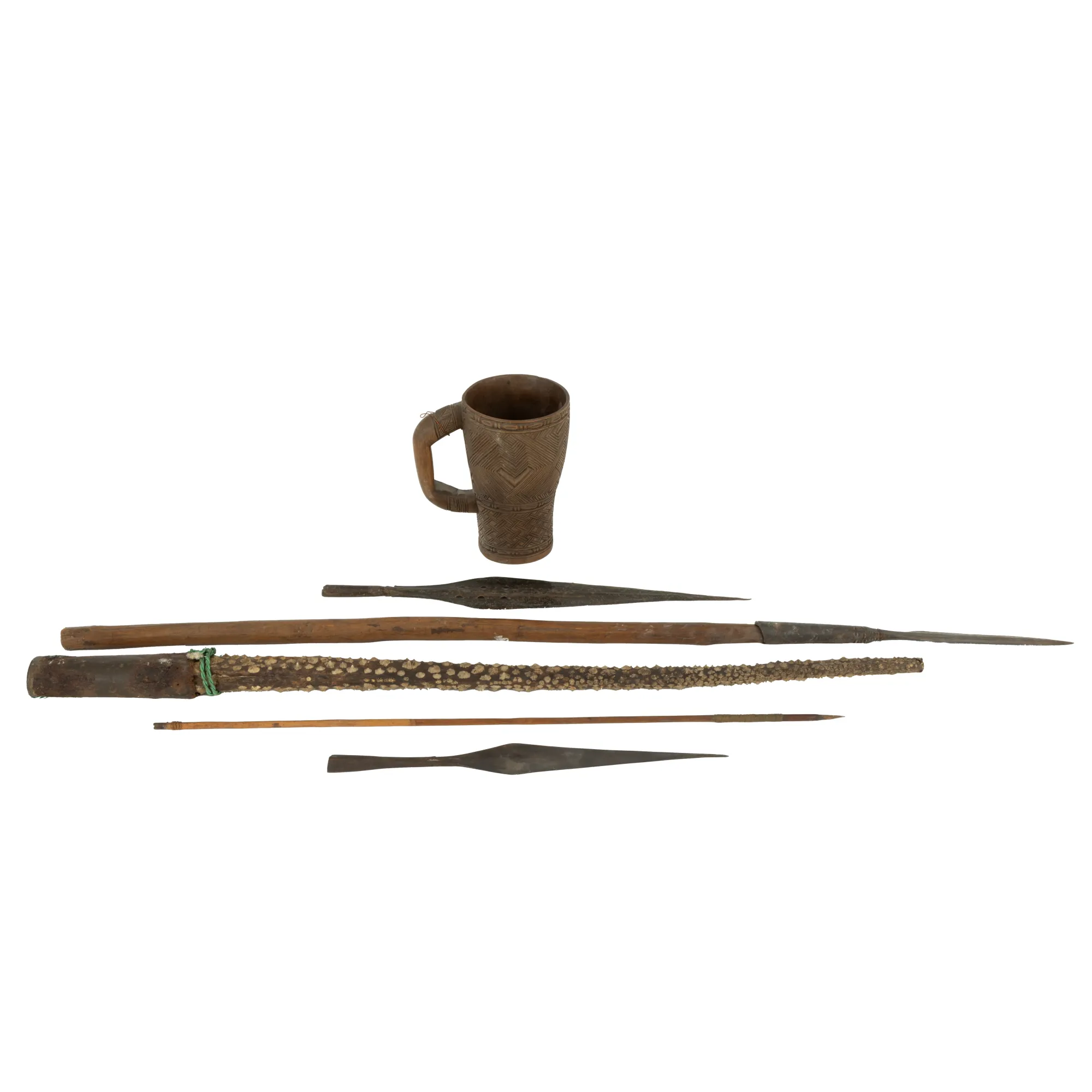 Lot consisting of a spear, two spearheads, arrow, club, and Kuba-style Congolese mug